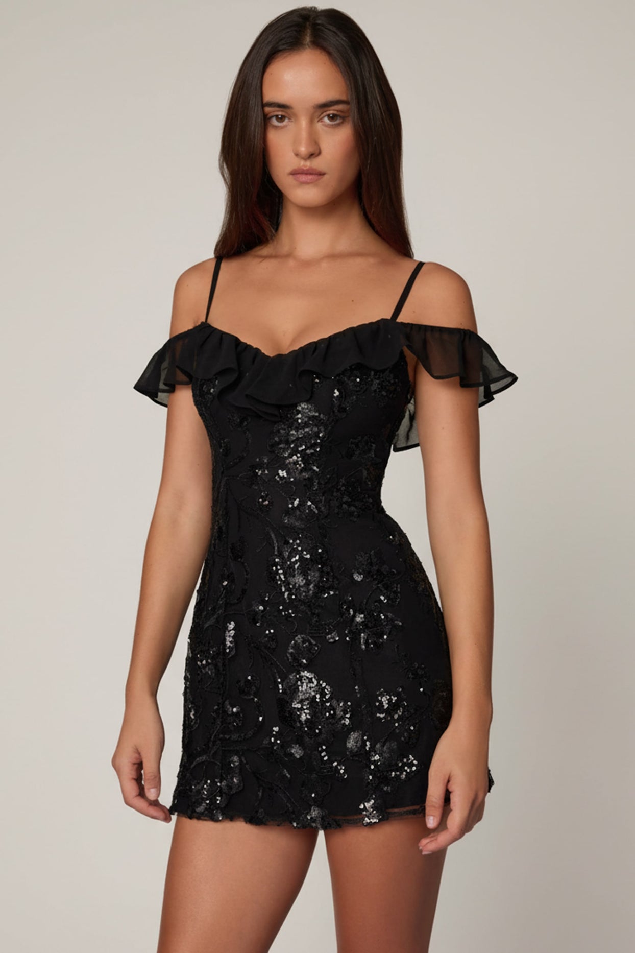 Embellished Lace-Up A-Line Mini Dress in Black - 1