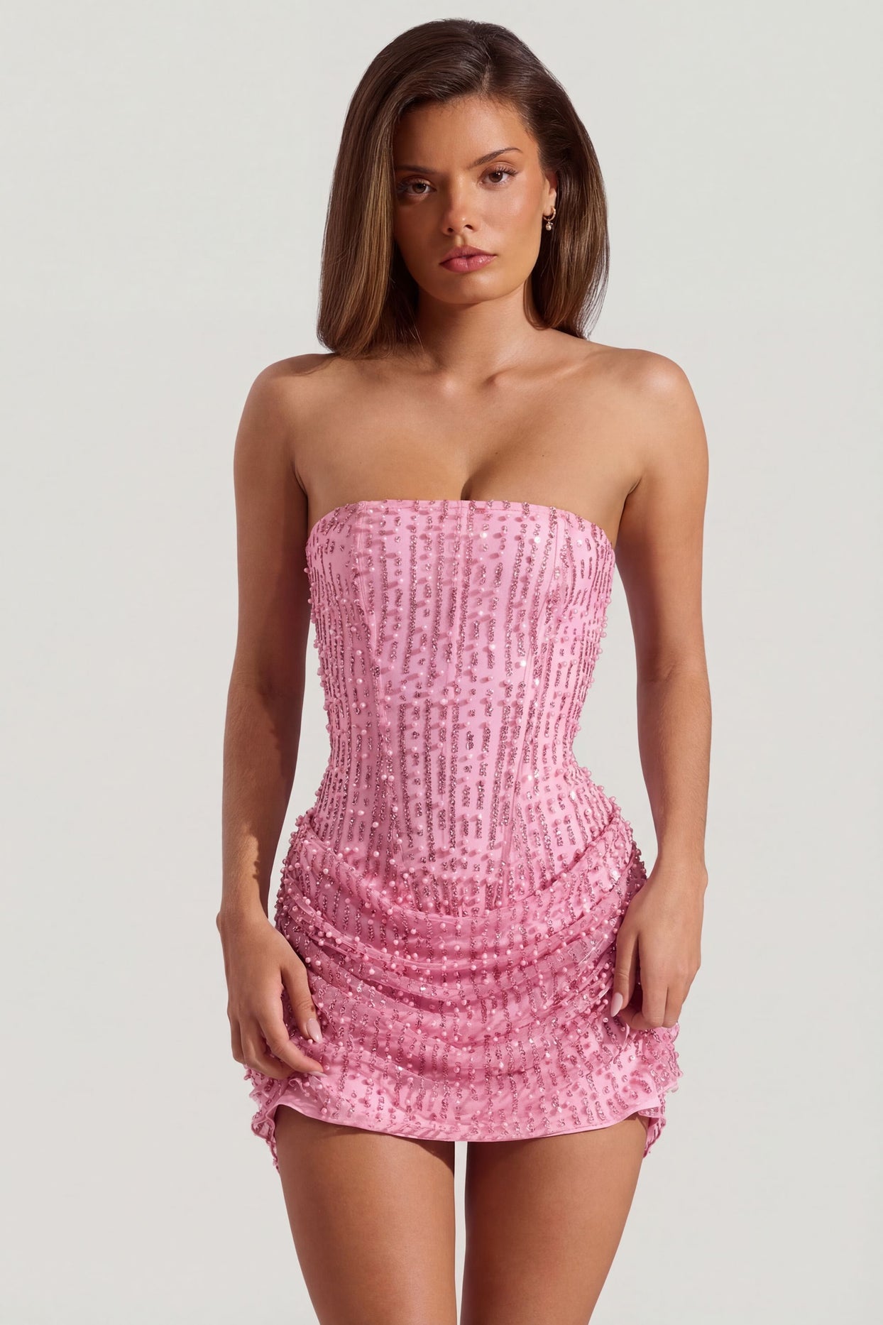 Embellished Draped Strapless A-Line Mini Dress in Pink - 5
