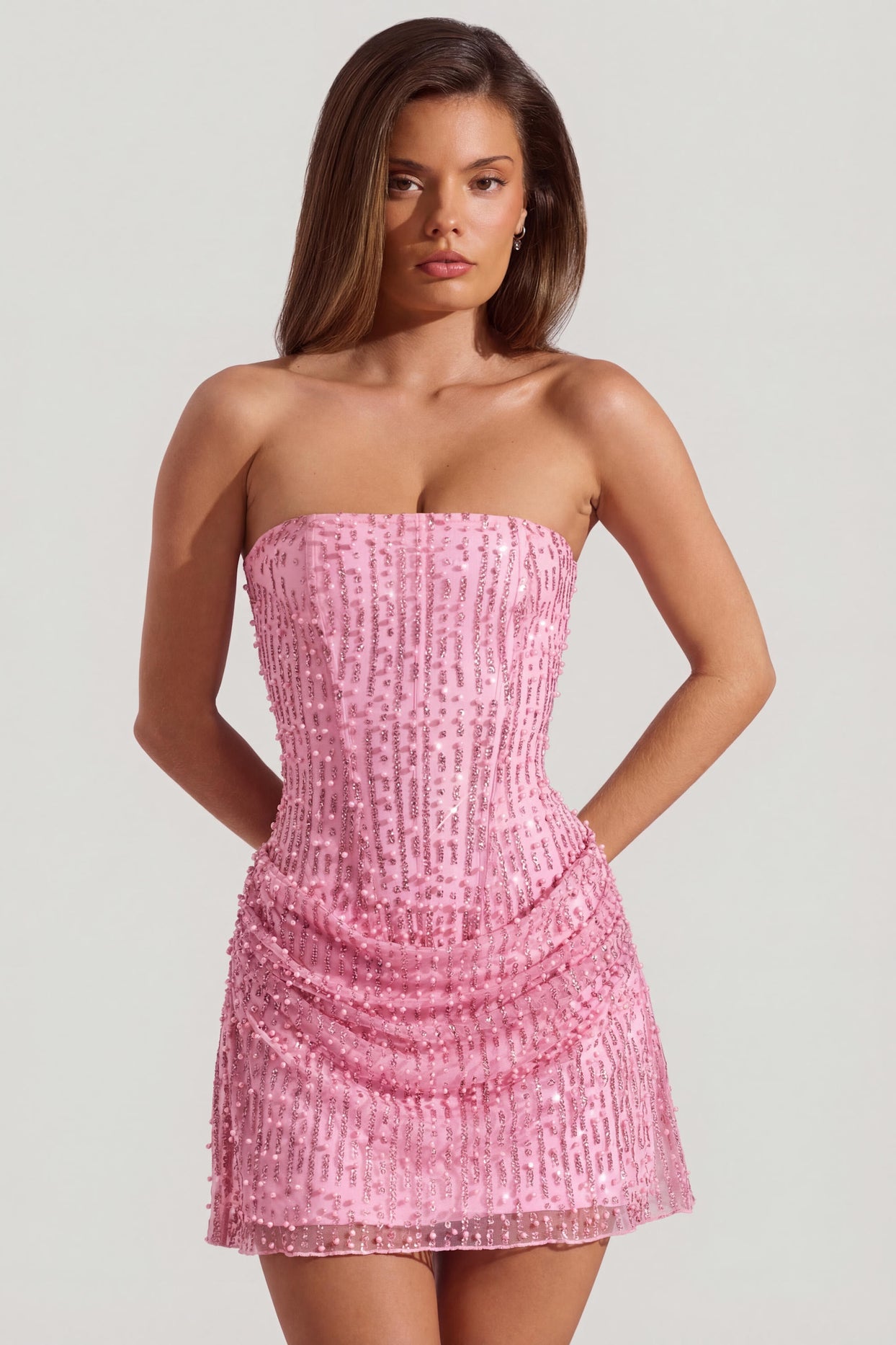 Embellished Draped Strapless A-Line Mini Dress in Pink - 1