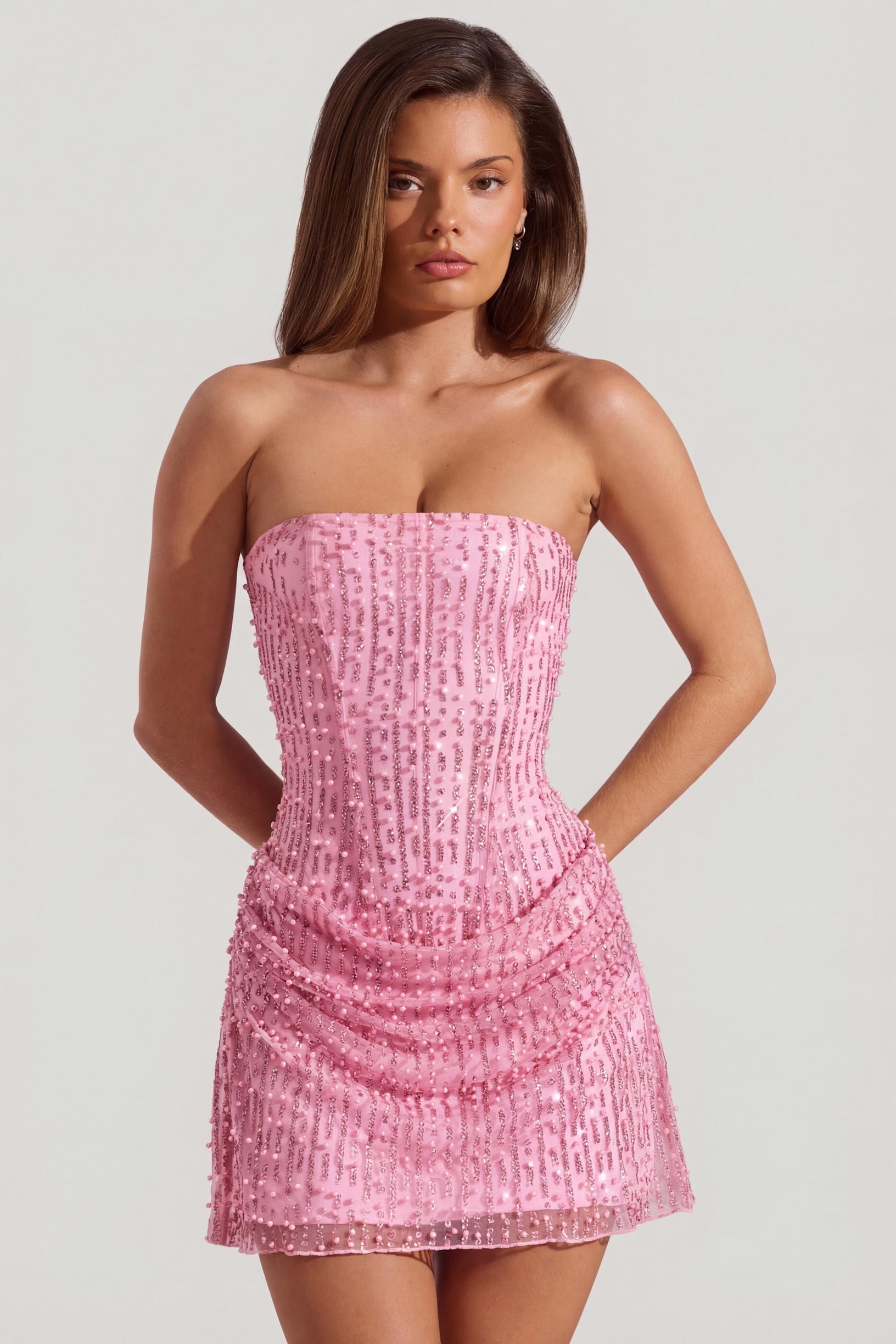 Embellished Draped Strapless A-Line Mini Dress in Pink - 1