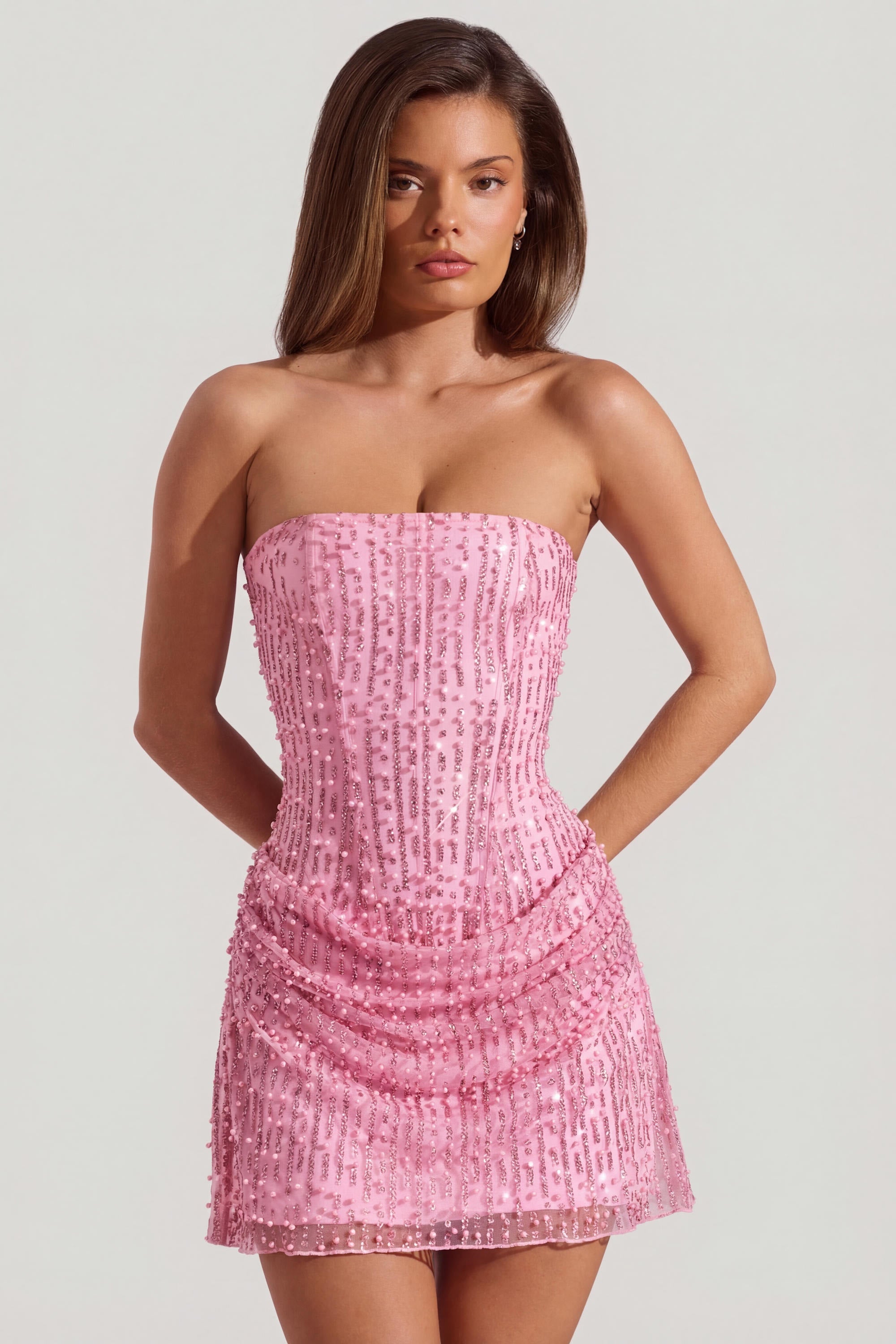 Embellished Draped Strapless A-Line Mini Dress in Pink - 1