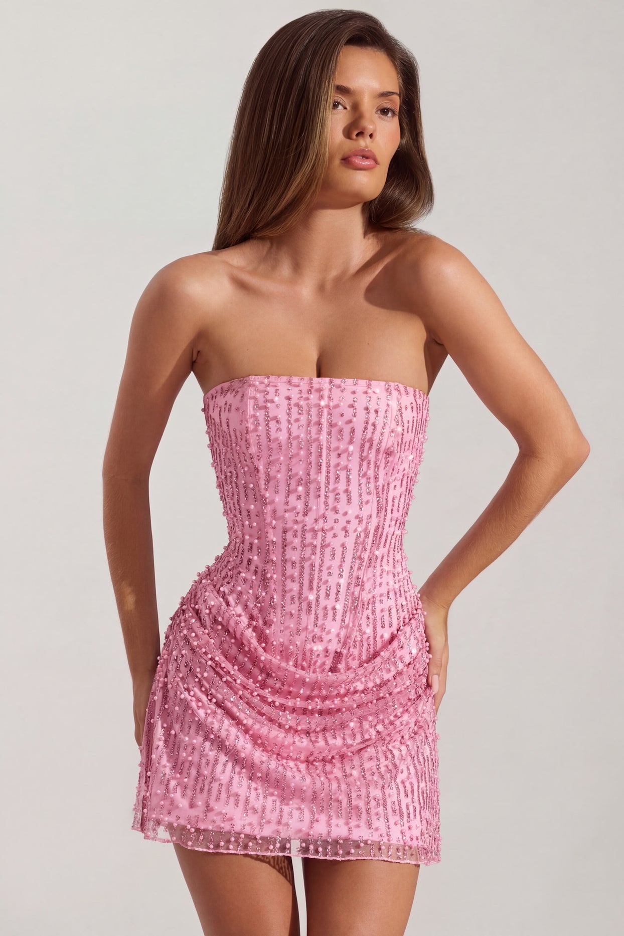 Embellished Draped Strapless A-Line Mini Dress in Pink - 7