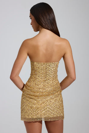 Embellished Bandeau A-Line Mini Dress in Gold