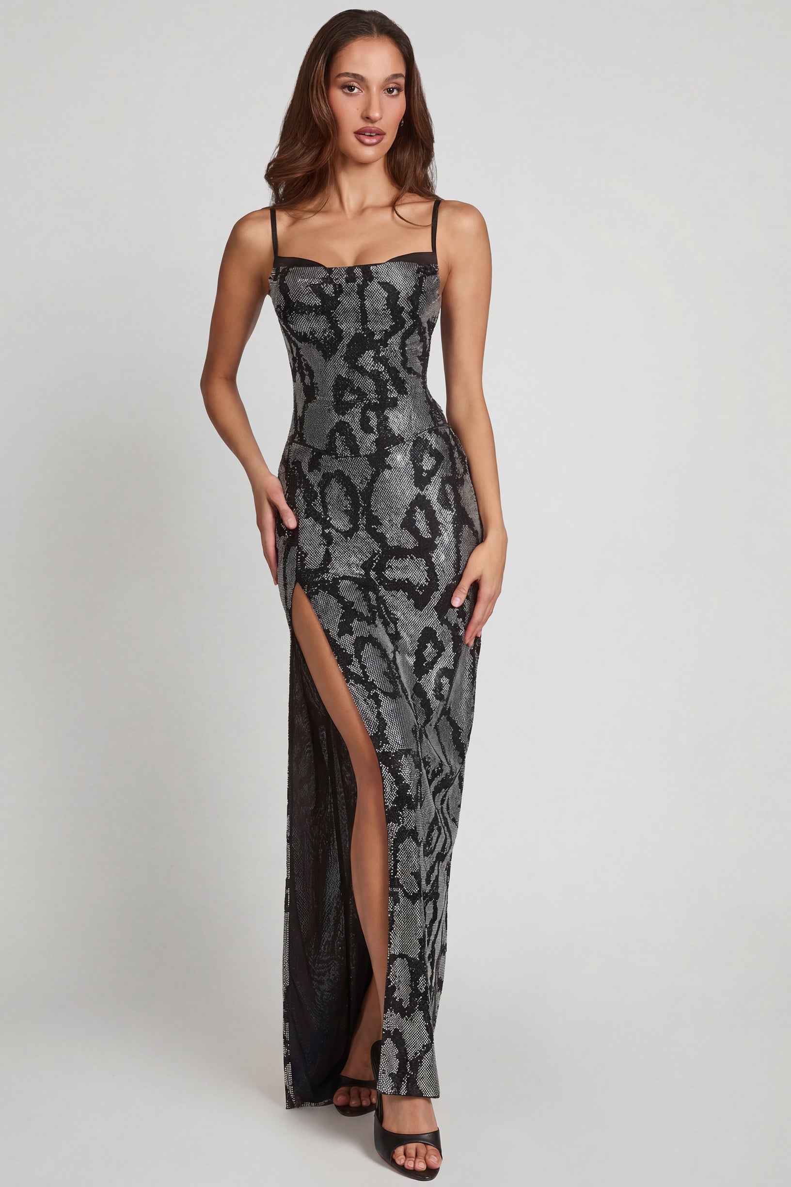Embellished Peekaboo Cowl-Neck Dress in Silver Snake - 1