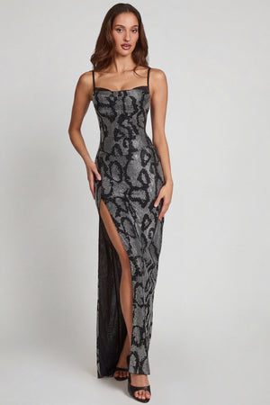 Embellished Peekaboo Cowl-Neck Dress in Silver Snake