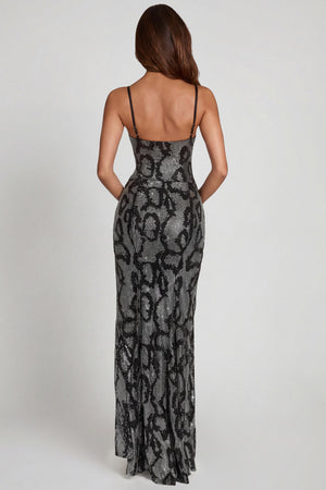 Embellished Peekaboo Cowl-Neck Dress in Silver Snake