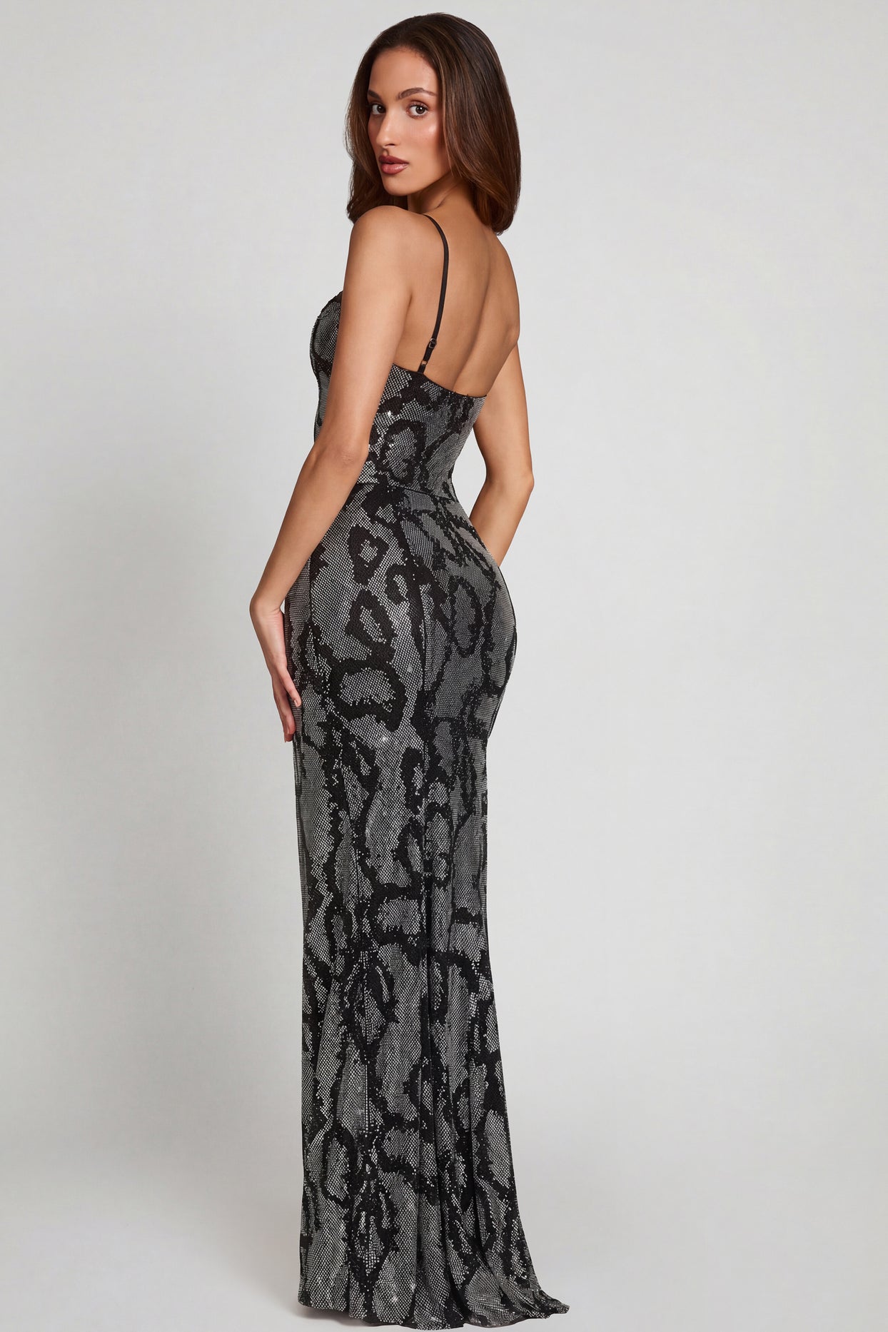 Embellished Peekaboo Cowl-Neck Dress in Silver Snake - 9