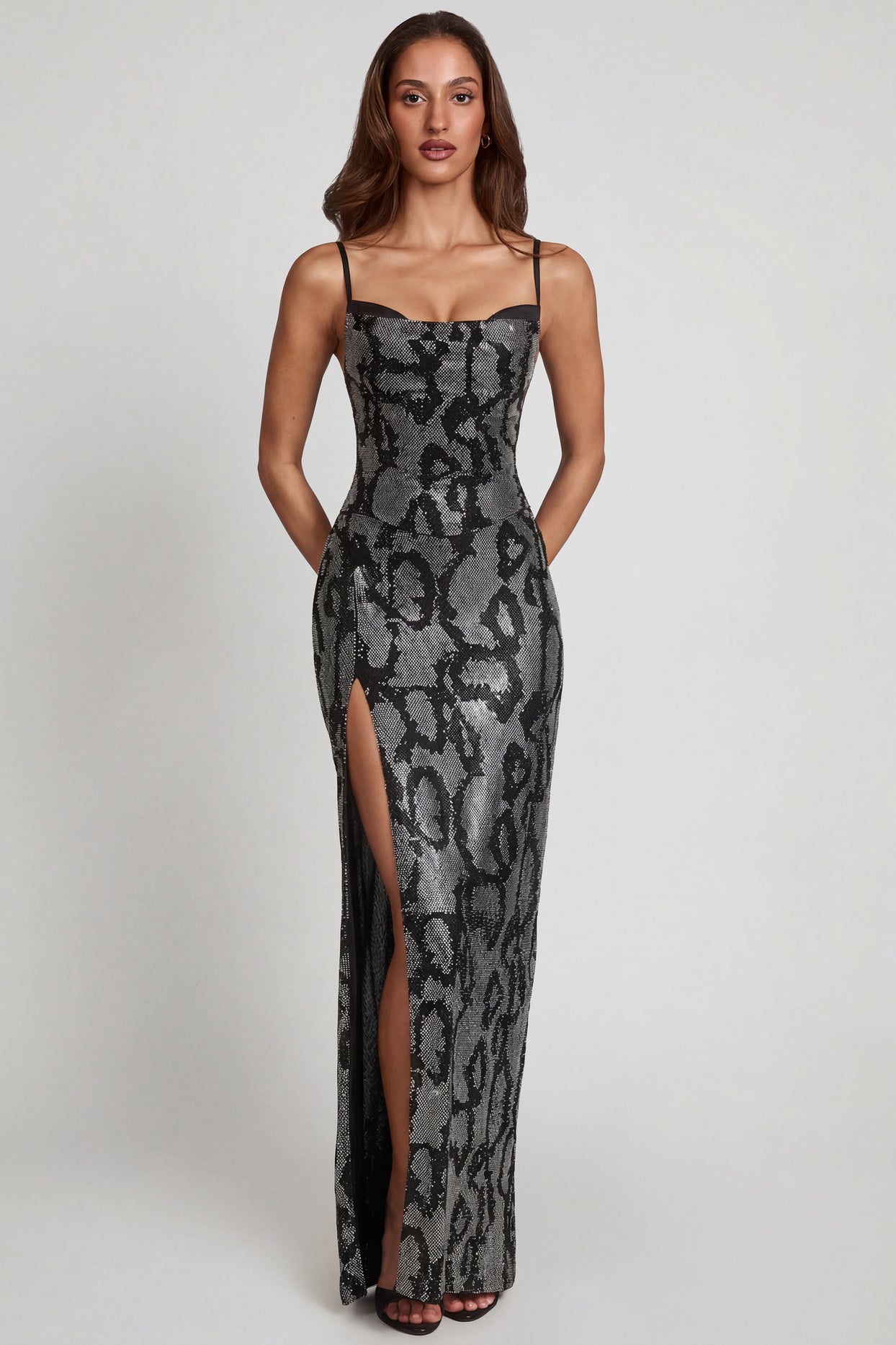 Embellished Peekaboo Cowl-Neck Dress in Silver Snake - 7
