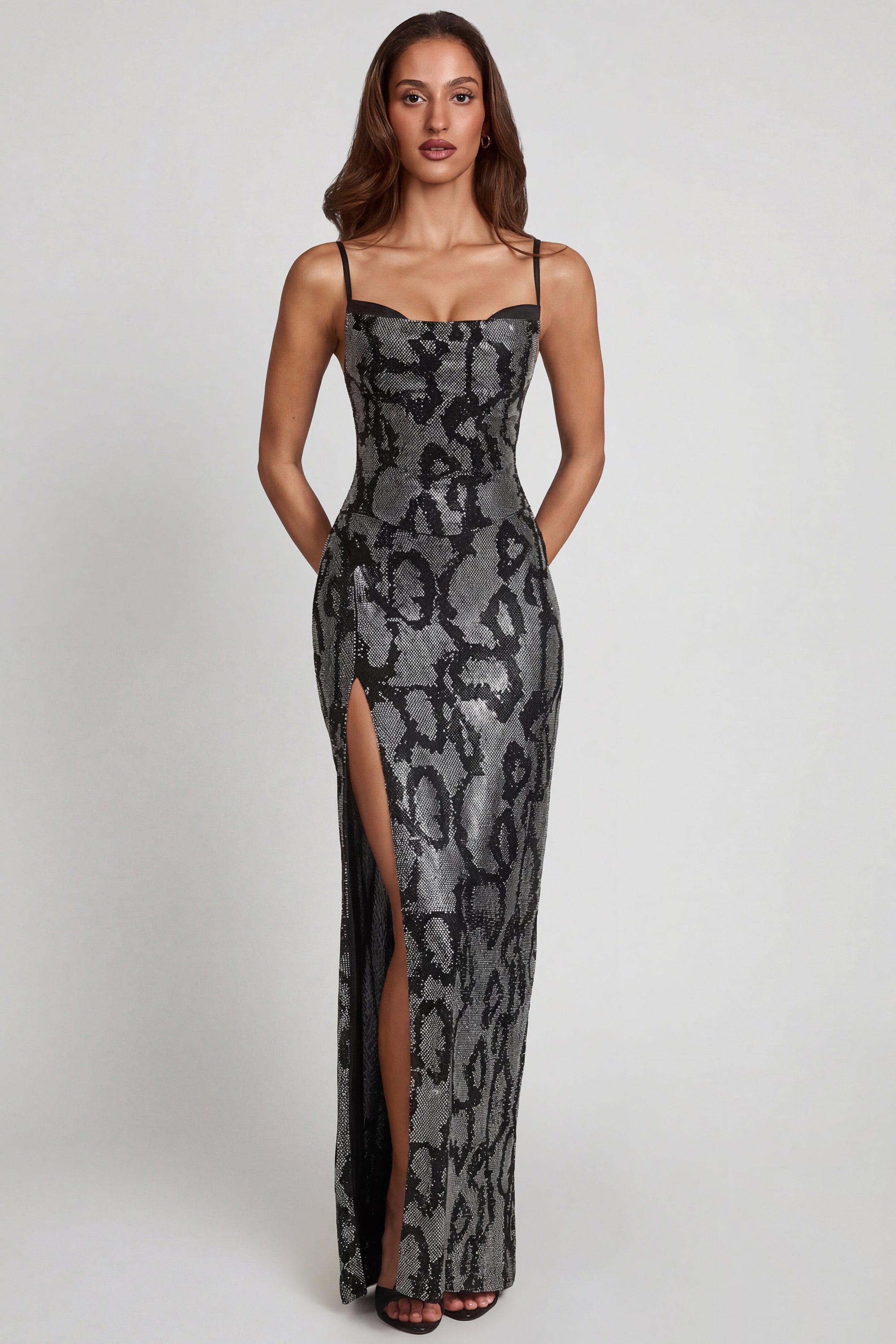 Embellished Peekaboo Cowl-Neck Dress in Silver Snake