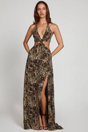 Plunge Cut-out Maxi Gown in Leopard Print