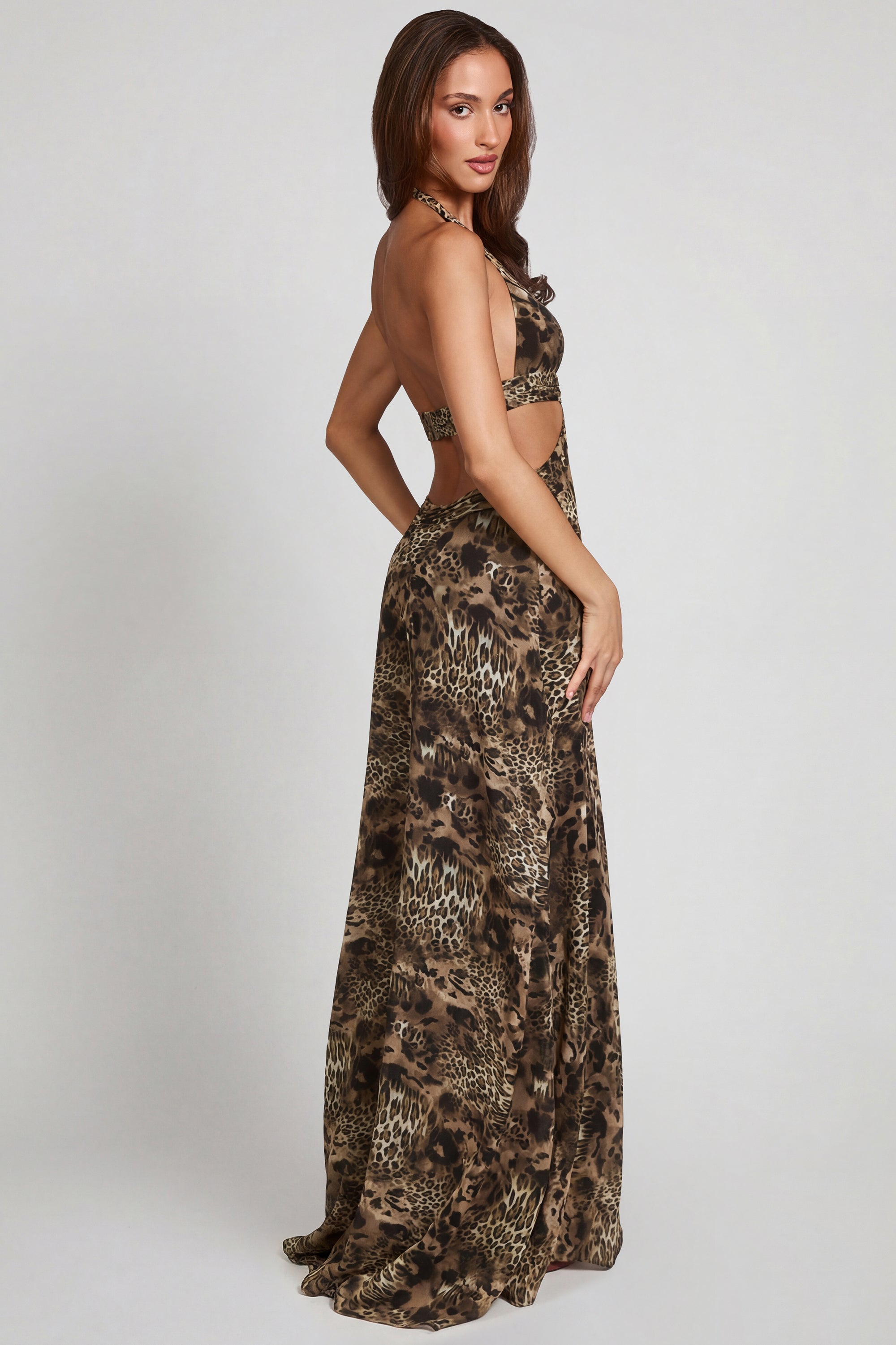 Plunge Cut-out Maxi Gown in Leopard Print