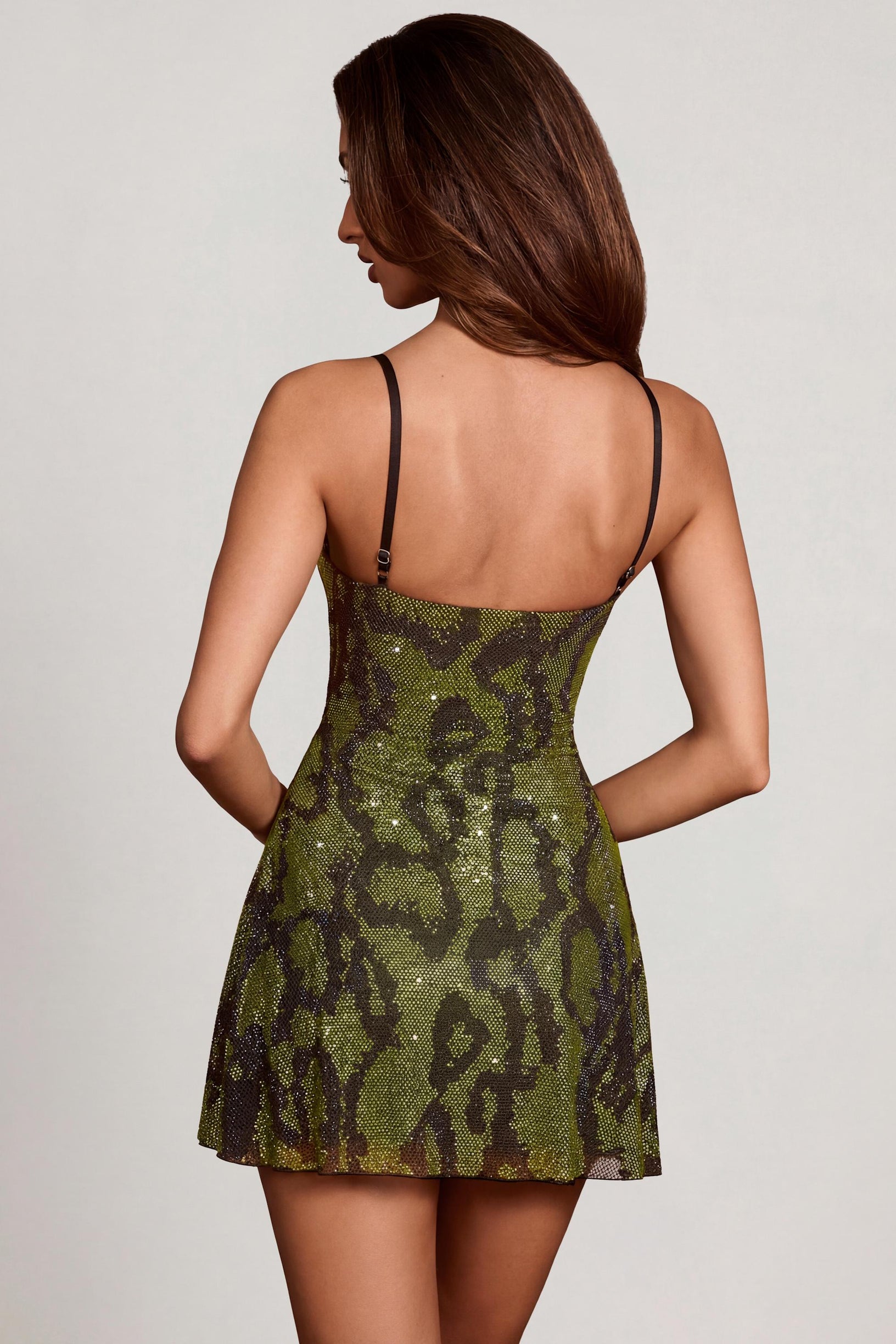 Embellished Cowl Neck A-line Mini Dress in Green Snake - 2