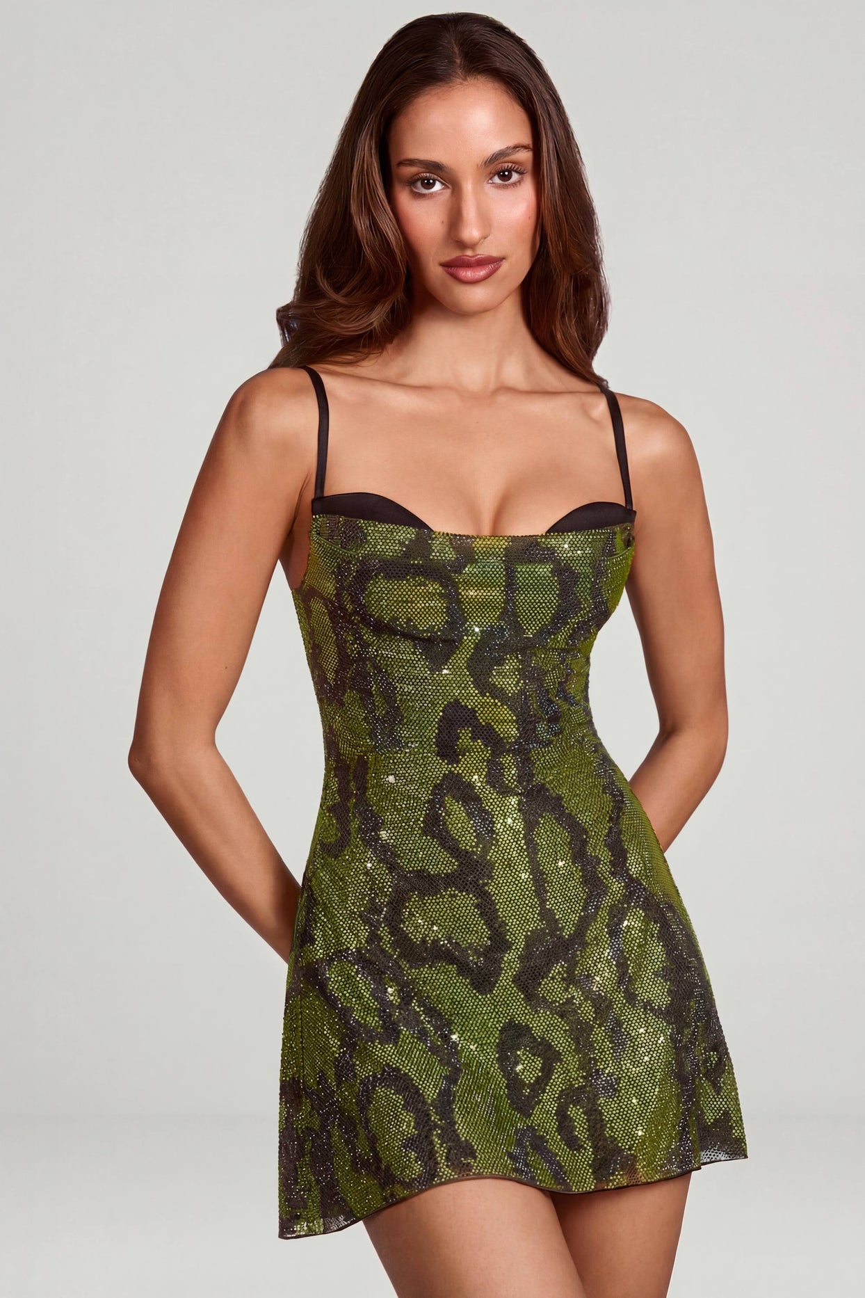 Embellished Cowl Neck A-line Mini Dress in Green Snake - 8