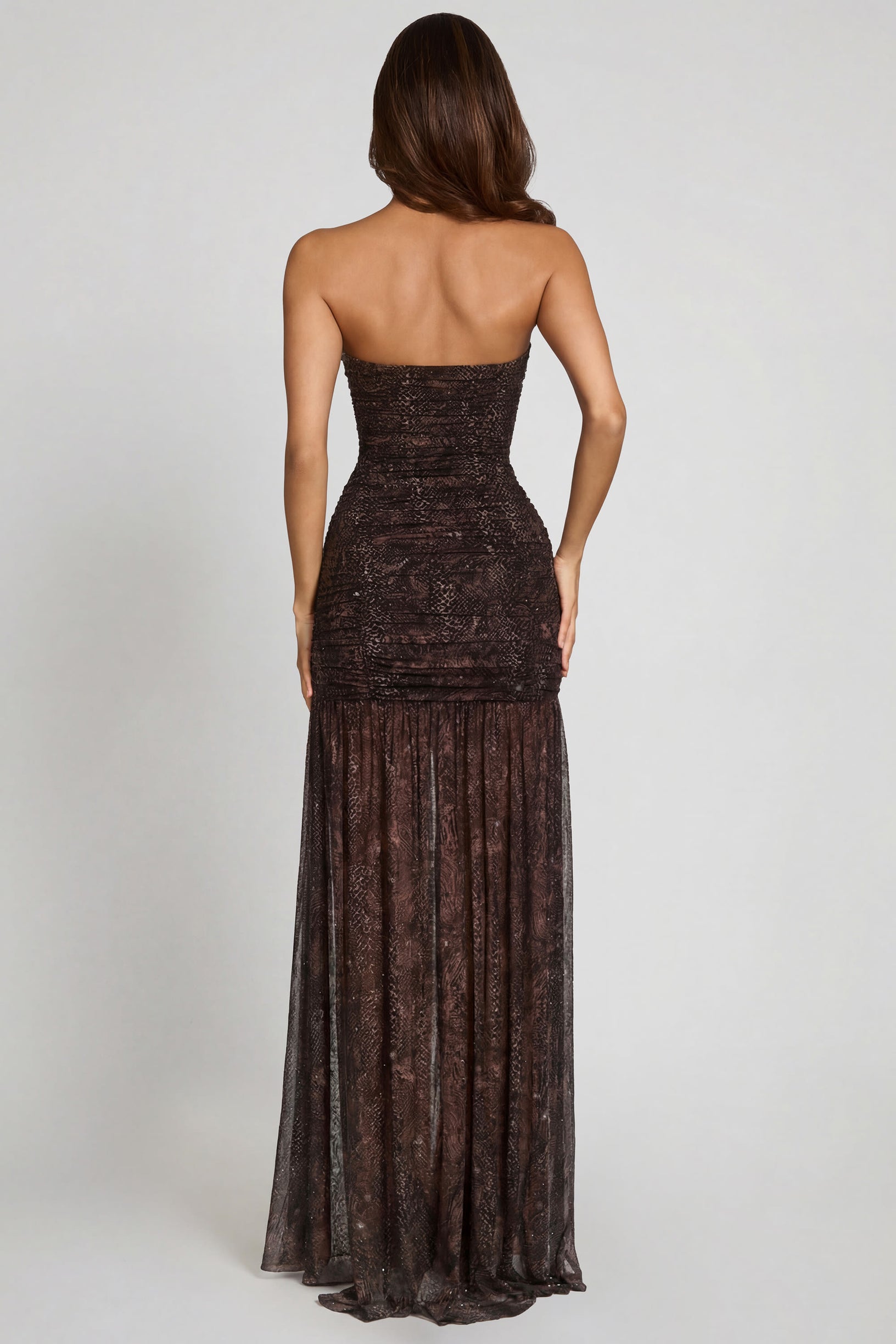 Embellished Bandeau Gathered Maxi Dress in Snake Hotfix - 2