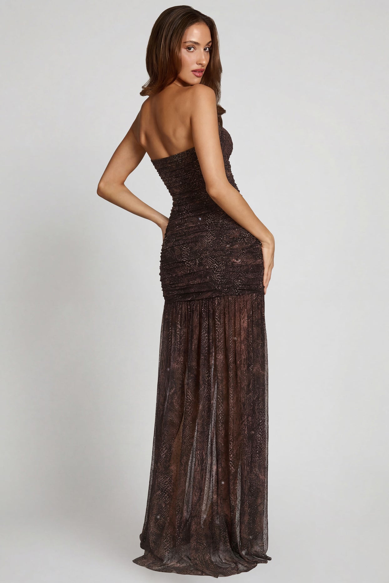 Embellished Bandeau Gathered Maxi Dress in Snake Hotfix - 5
