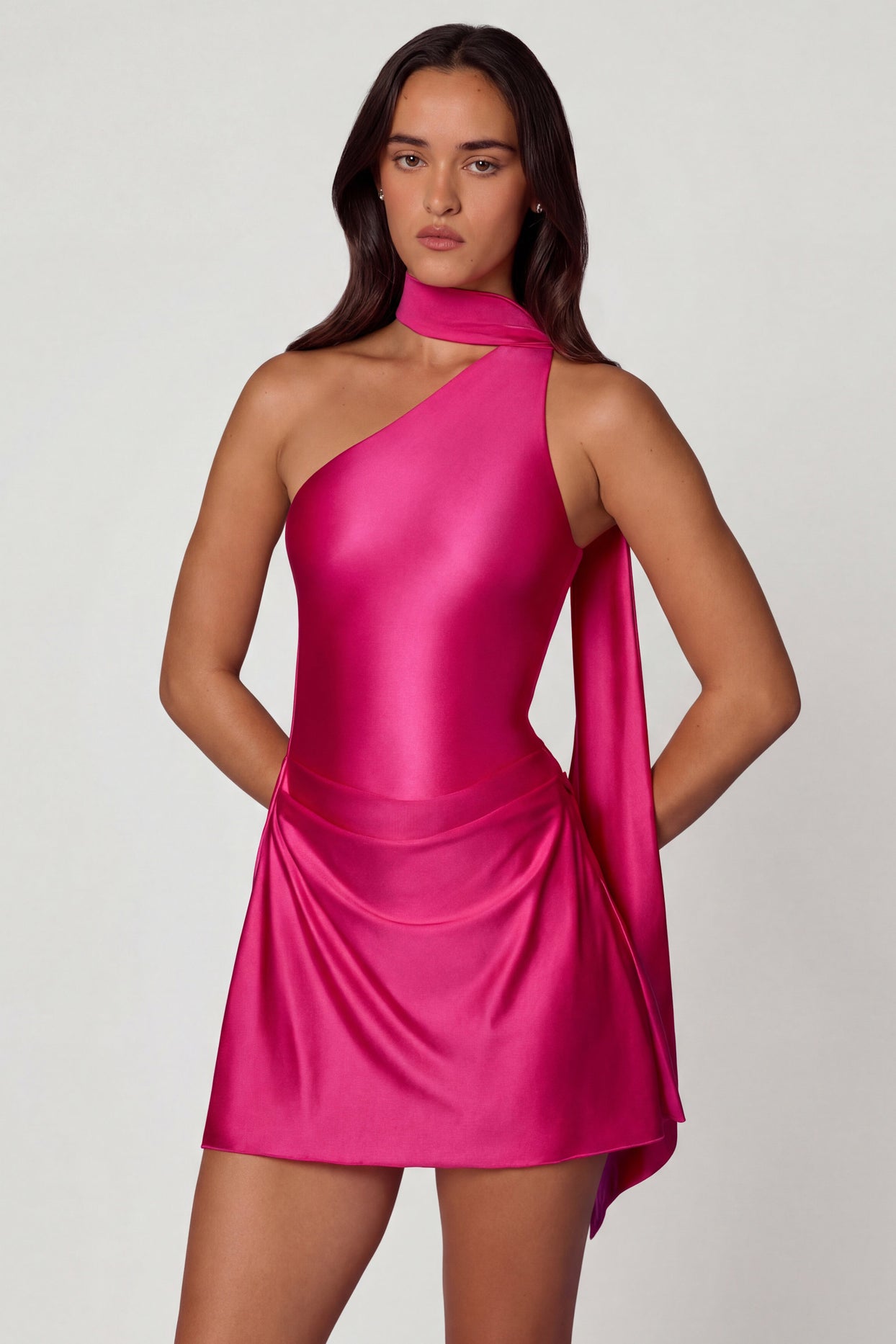 Asymmetric Scarf-Detail Mini Dress in Hot Pink - 1