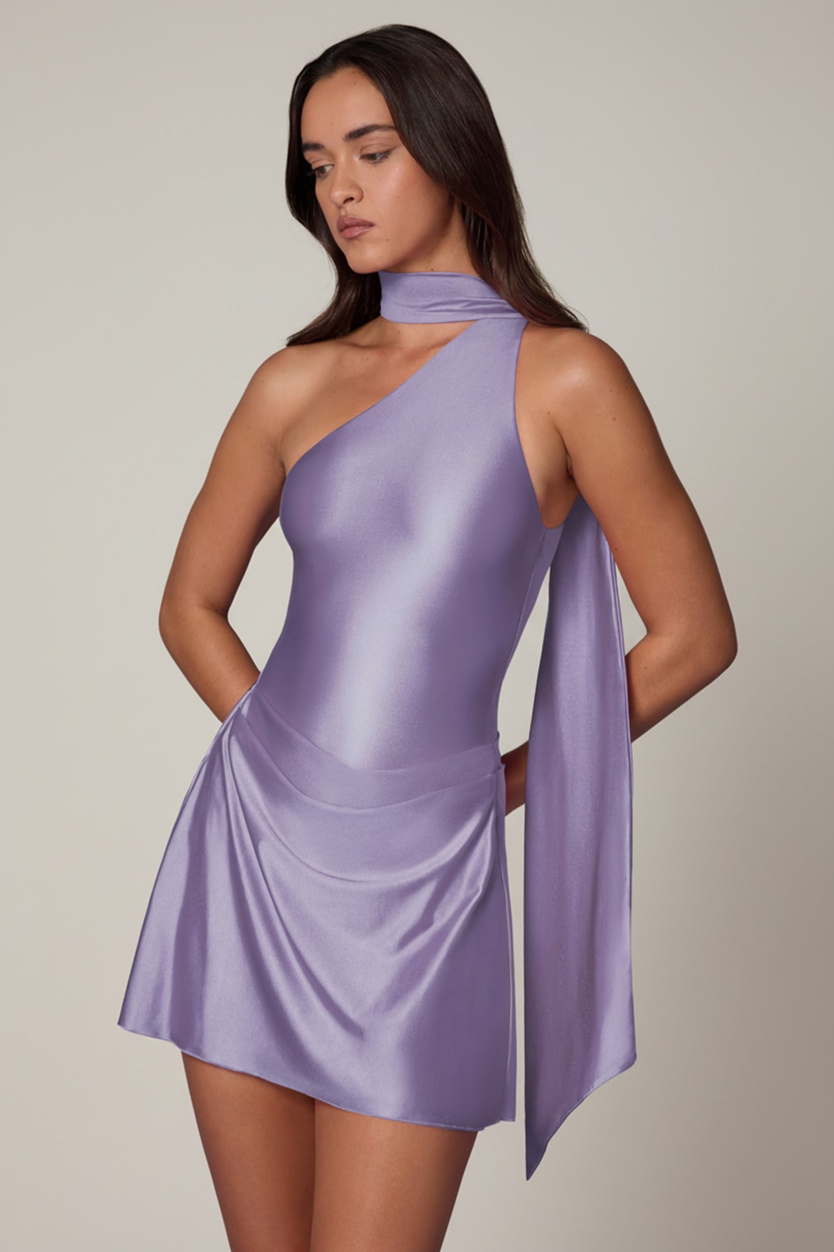 Asymmetric Scarf-Detail Mini Dress in Lilac - 1
