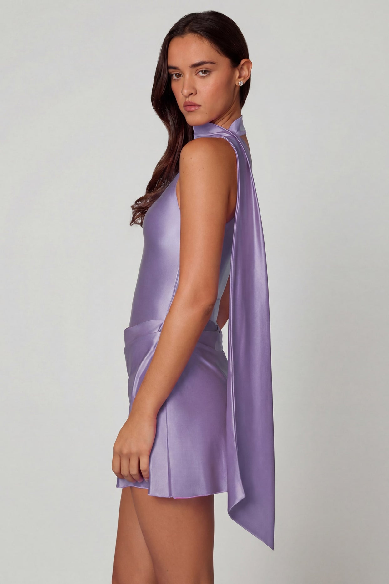 Asymmetric Scarf-Detail Mini Dress in Lilac - 3