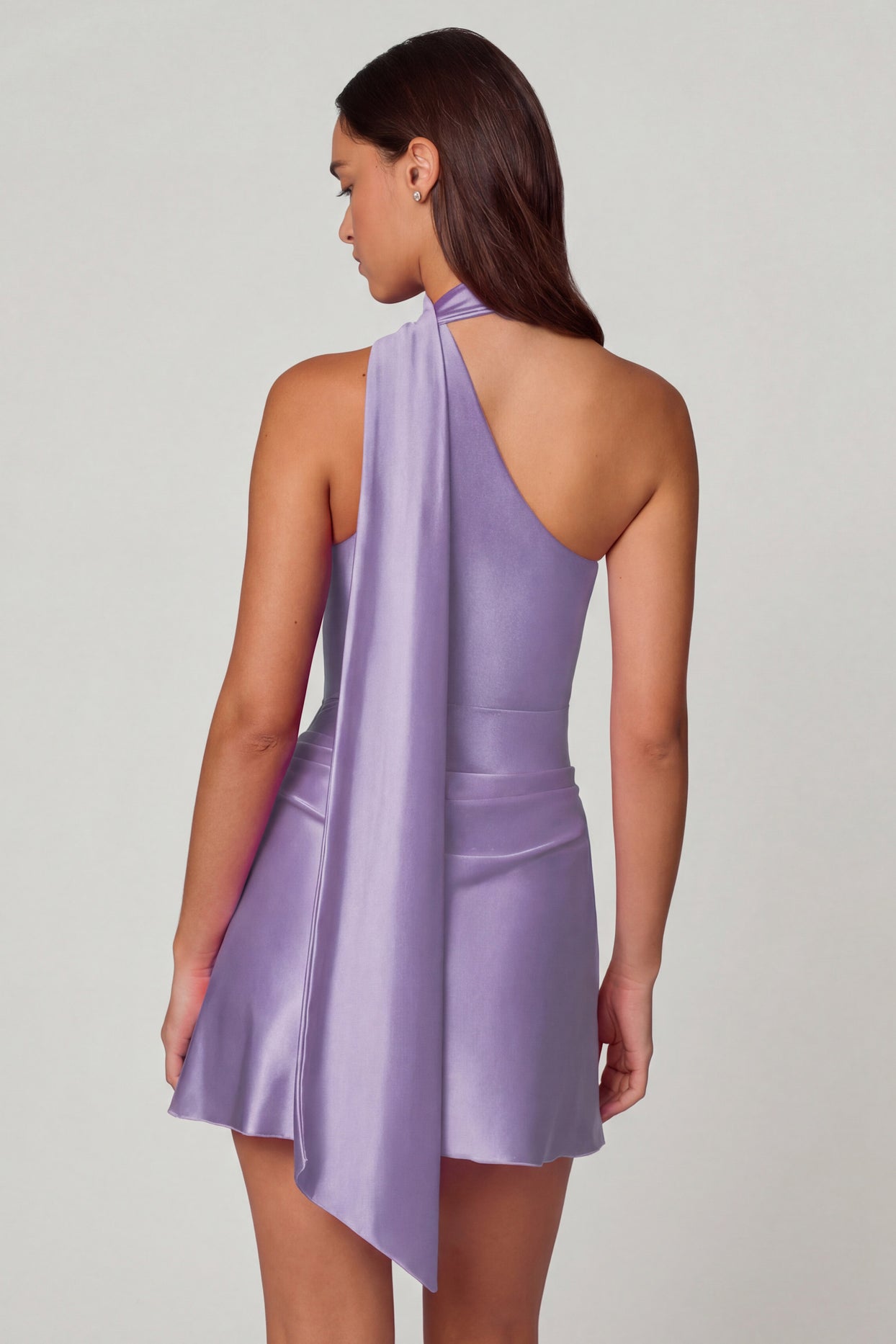 Asymmetric Scarf-Detail Mini Dress in Lilac - 5