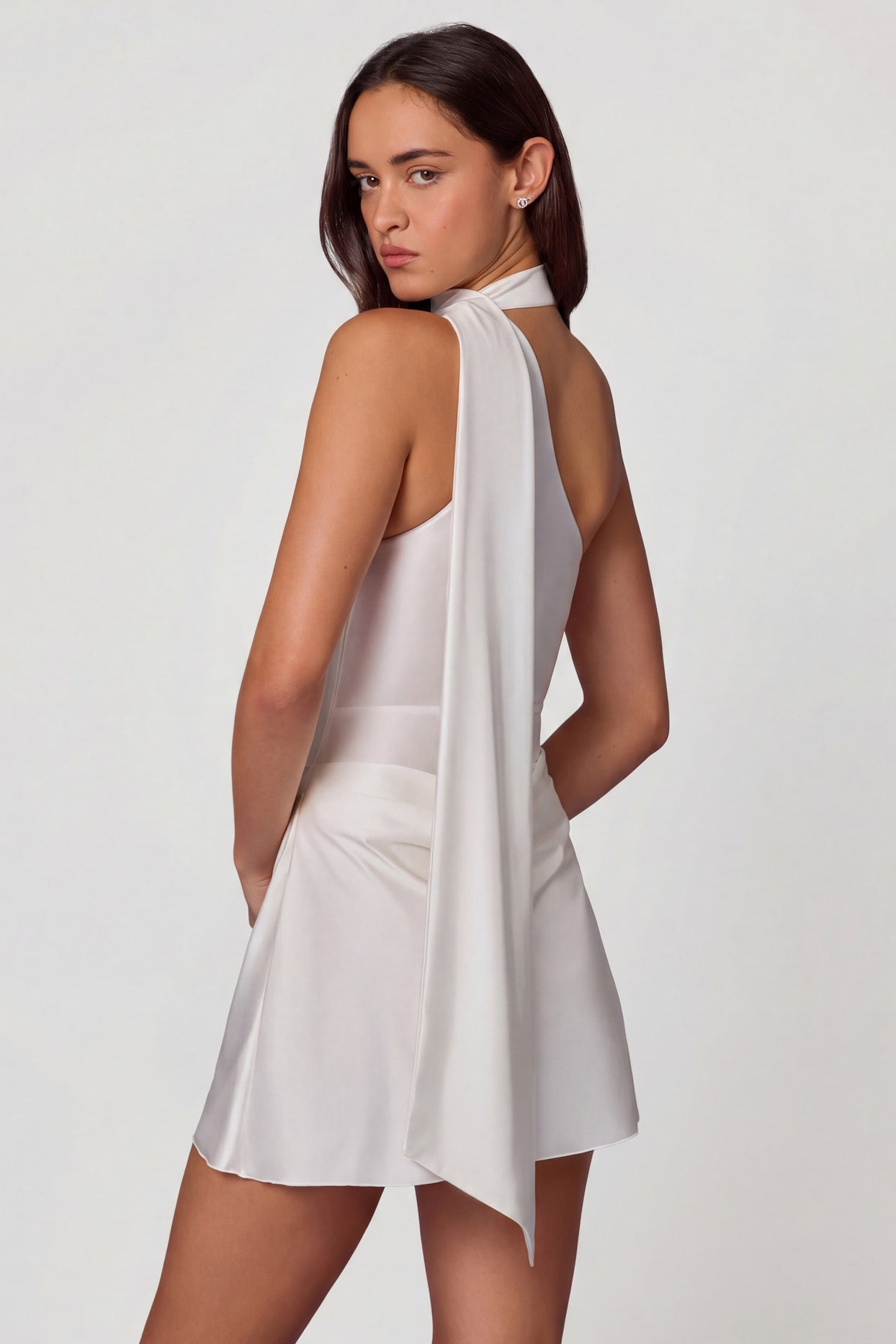 Asymmetric Scarf-Detail Mini Dress in White - 8
