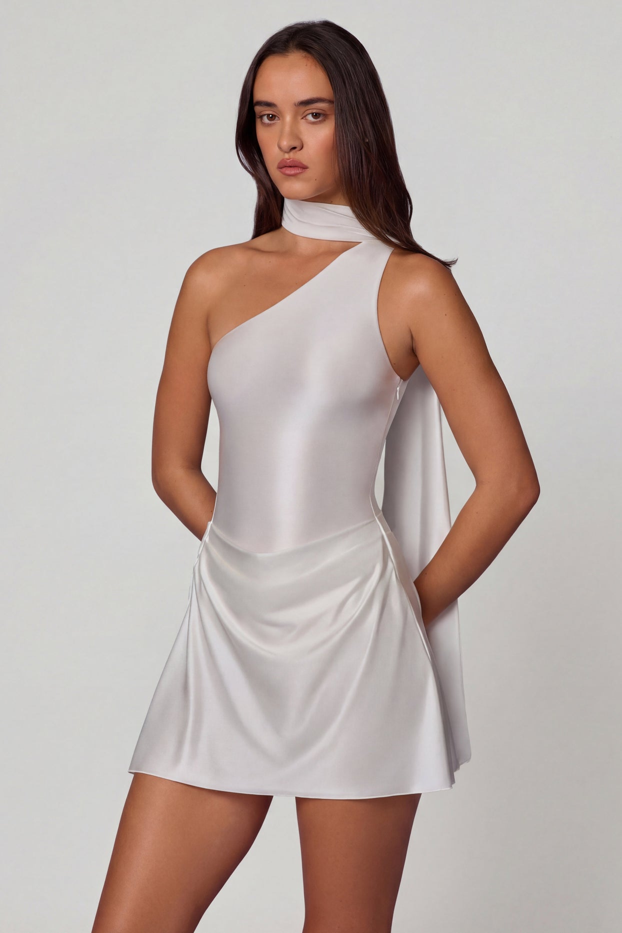 Asymmetric Scarf-Detail Mini Dress in White - 7