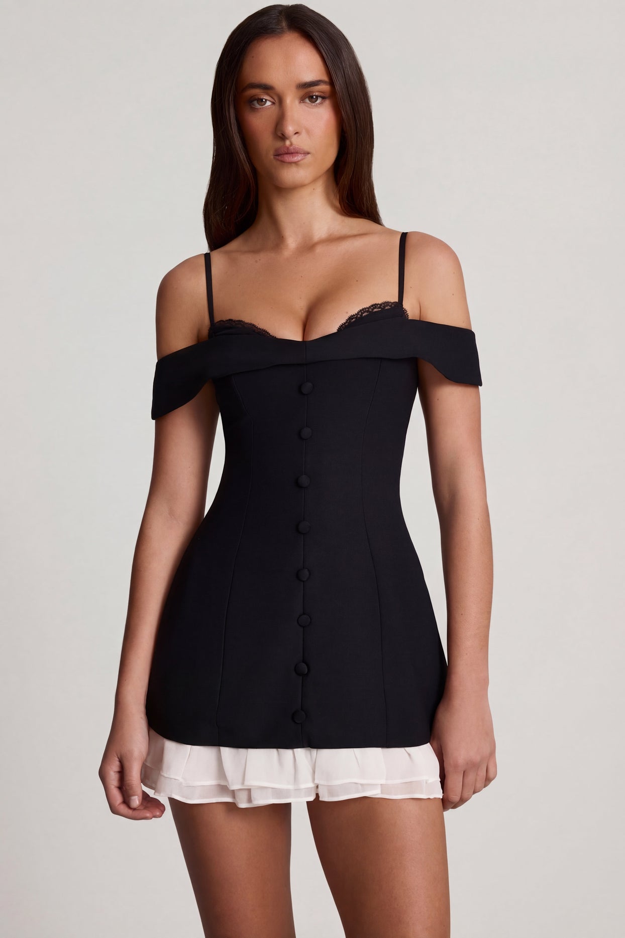 Off-Shoulder Ruffle A-Line Mini Dress in Black - 6