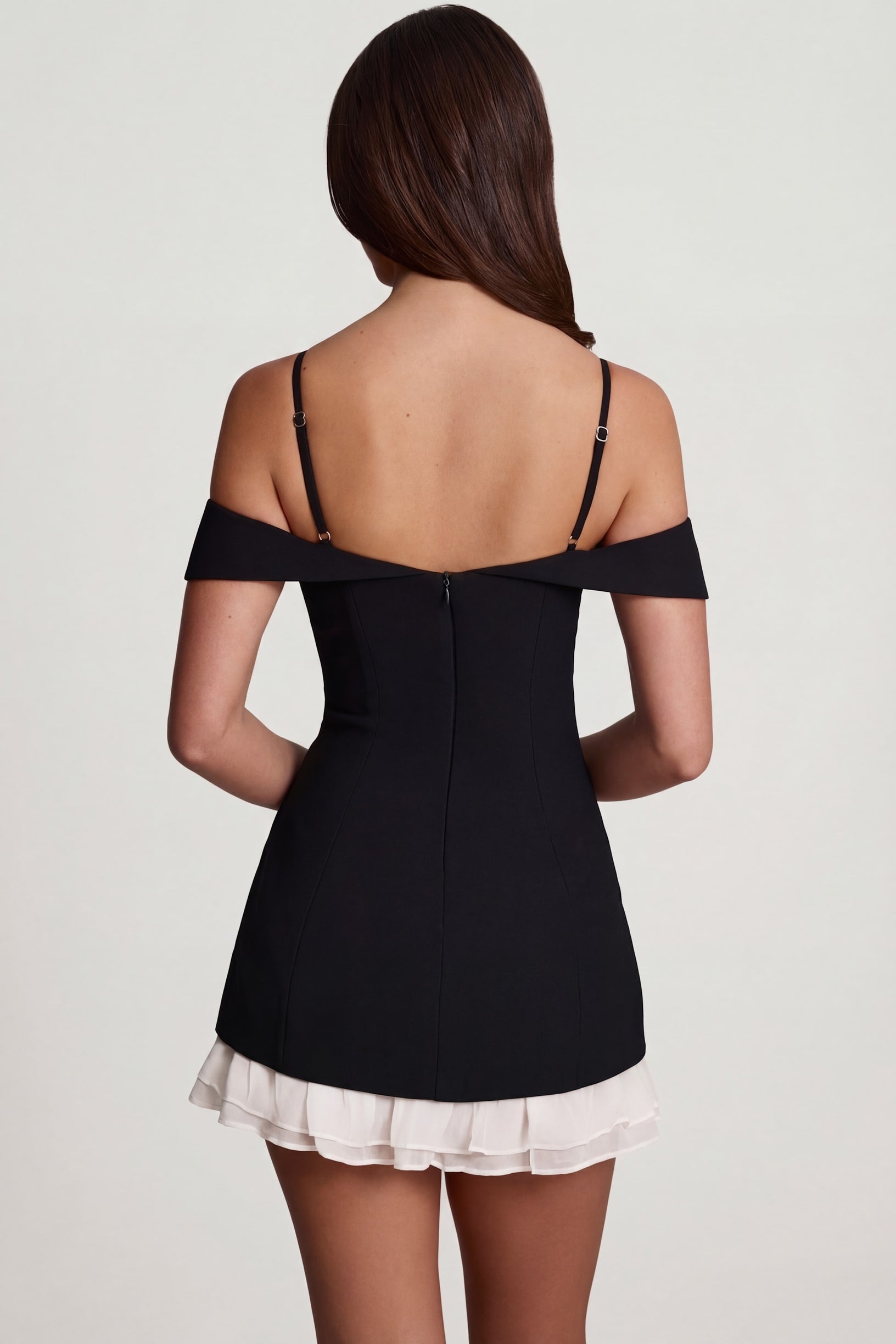 Off-Shoulder Ruffle A-Line Mini Dress in Black - 2