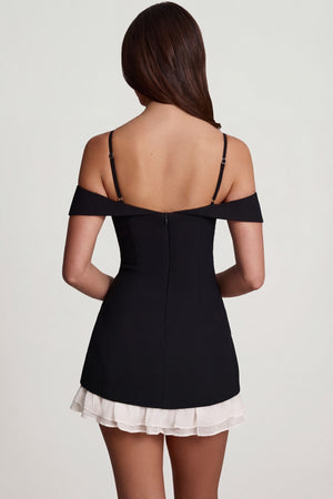 Oh Polly's Roberta wearing the Maelie Mini Dress in Black Chiffon, Bonded Crepe fabric, perfect for cocktail parties