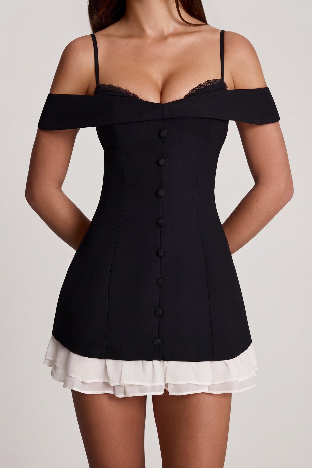 Off-Shoulder Ruffle A-Line Mini Dress in Black - 4