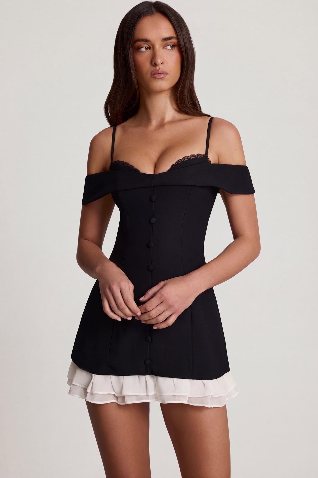 Off-Shoulder Ruffle A-Line Mini Dress in Black - 5