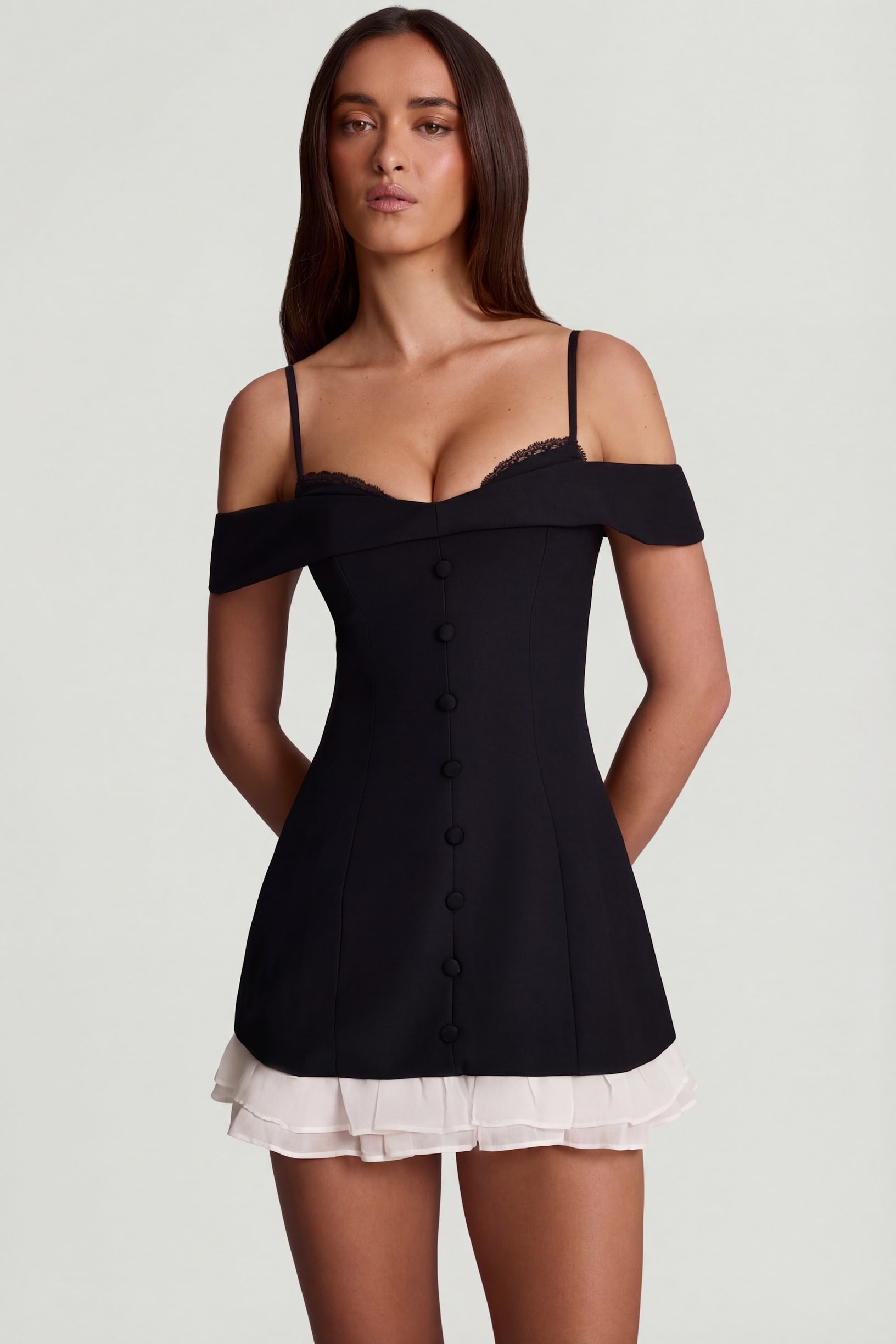 Off-Shoulder Ruffle A-Line Mini Dress in Black - 1