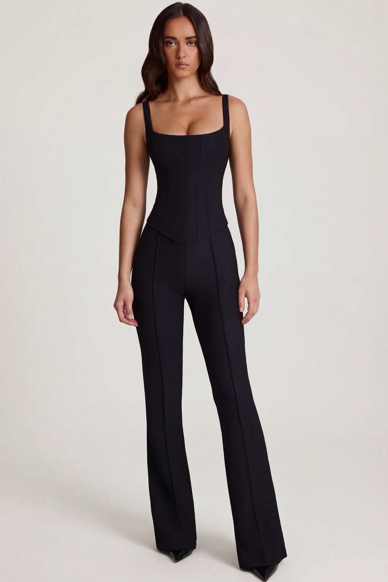 Scoop-Neck Corset Flared Leg Jumpsuit in Black - 5