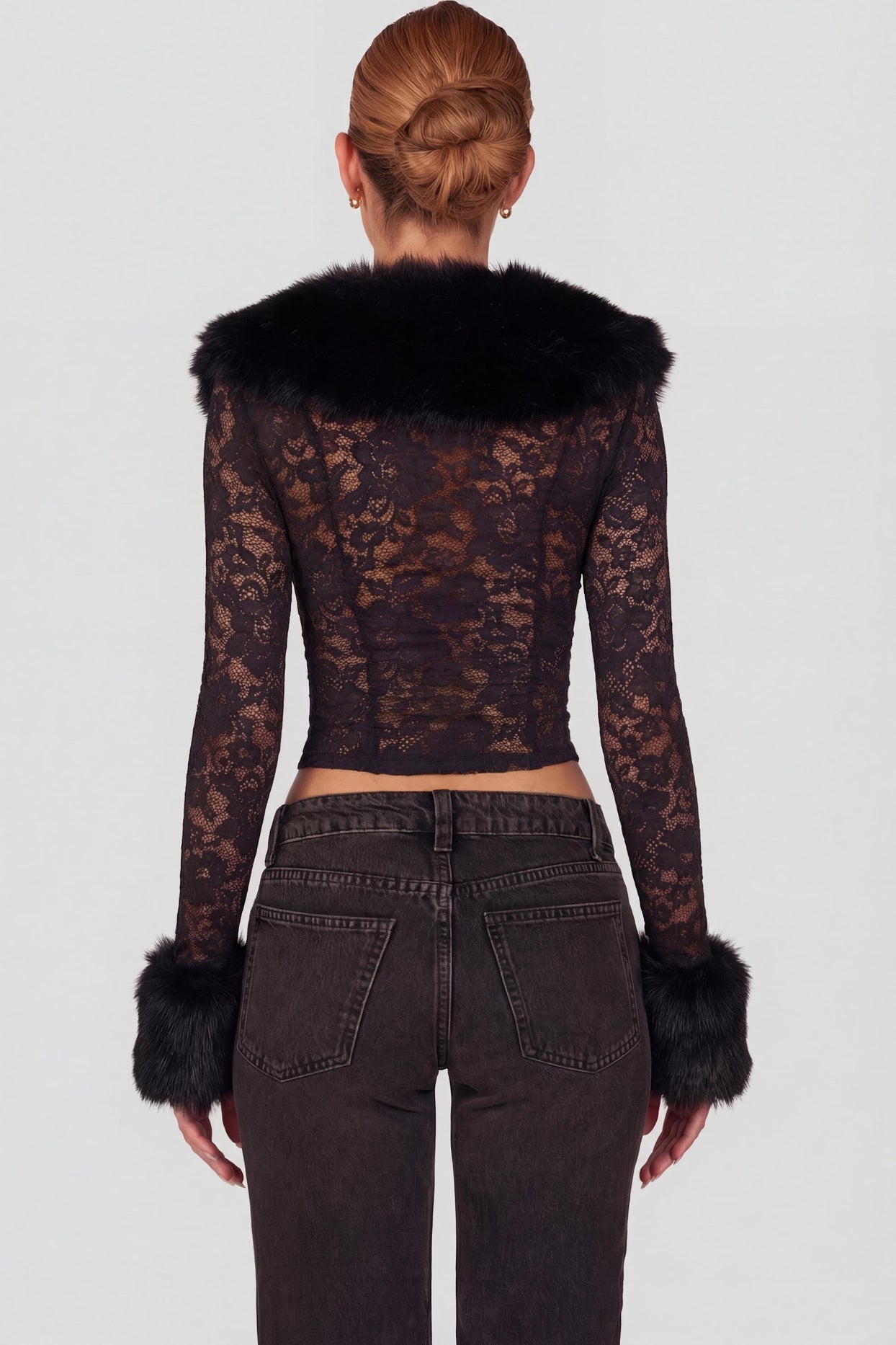 Sheer Lace Faux-Fur-Trim Cardigan in Black - 2