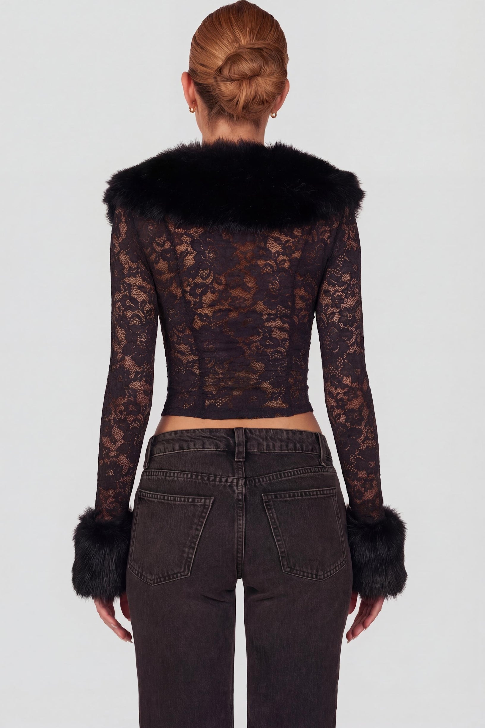 Sheer Lace Faux-Fur-Trim Cardigan in Black - 2