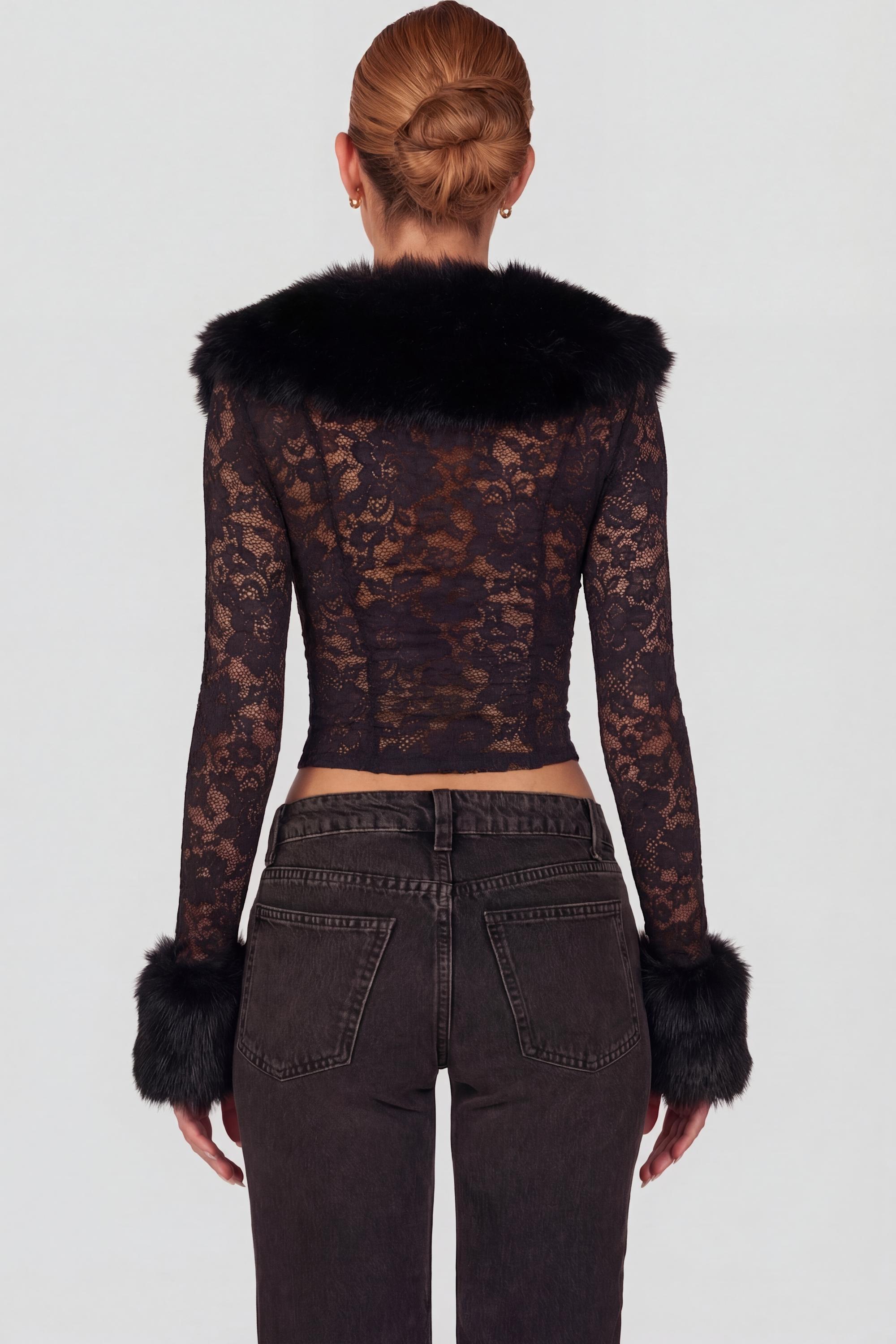 Sheer Lace Faux-Fur-Trim Cardigan in Black - 2
