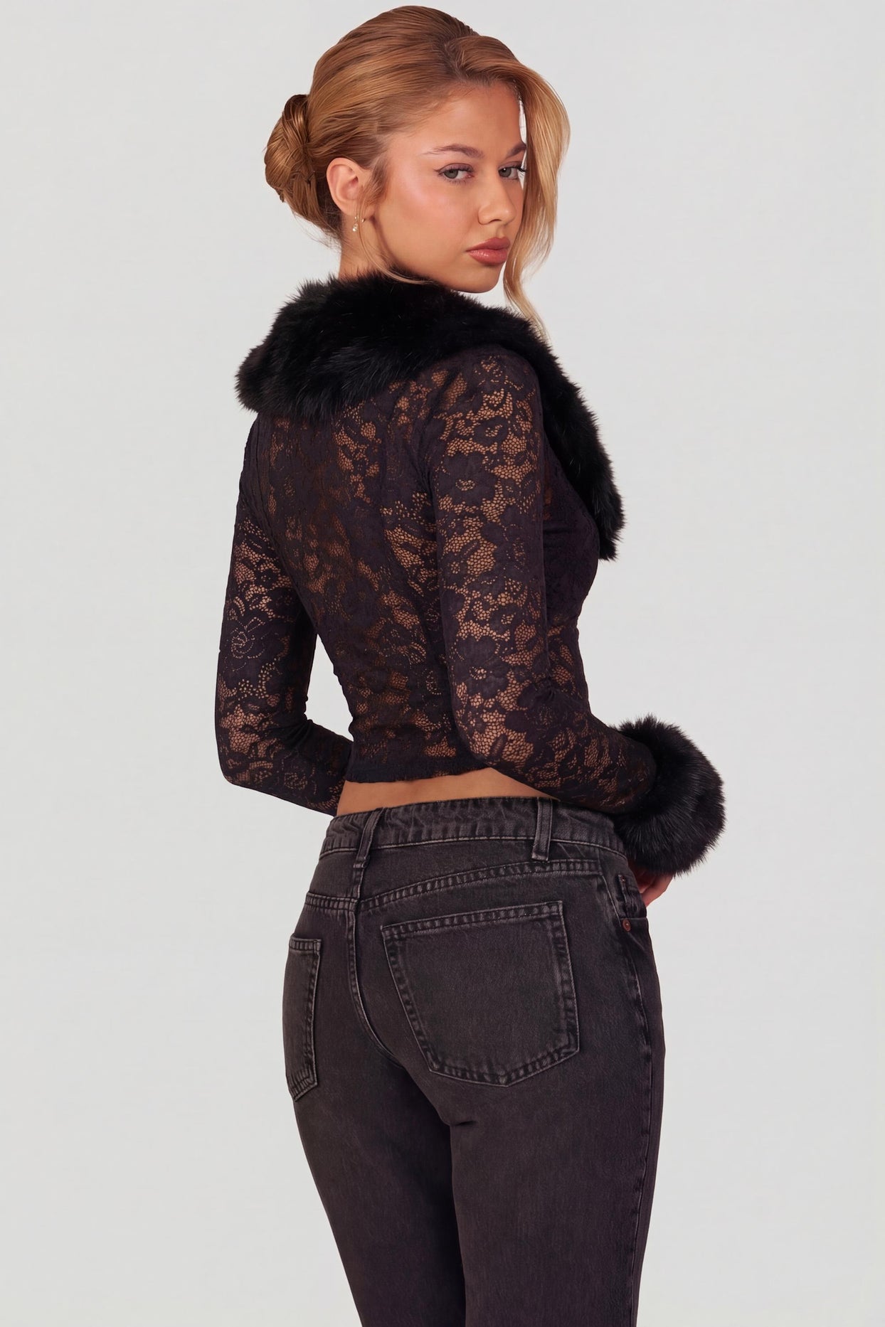 Sheer Lace Faux-Fur-Trim Cardigan in Black - 3