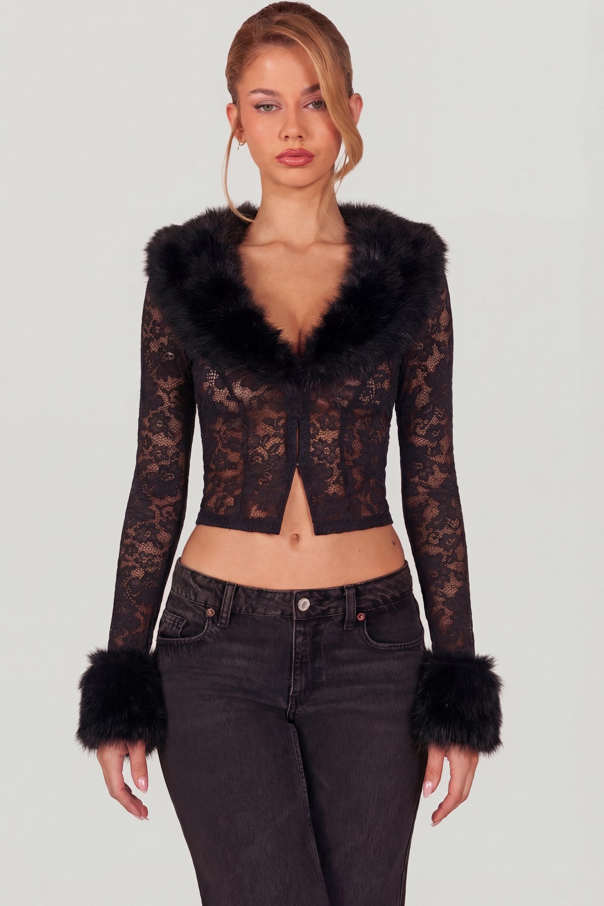 Sheer Lace Faux-Fur-Trim Cardigan in Black - 1