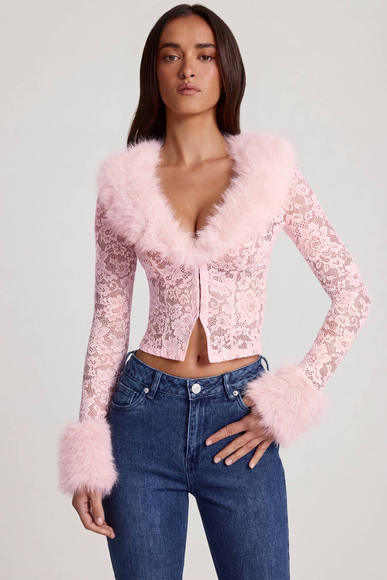 Sheer Lace Faux-Fur-Trim Cardigan in Pink - 6