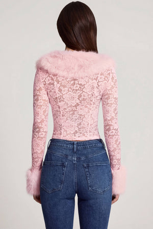 Oh Polly's Roberta wearing the Noemy Cardigan in Pink Stretch Lace, Faux Fur fabric perfect for brunch with friends