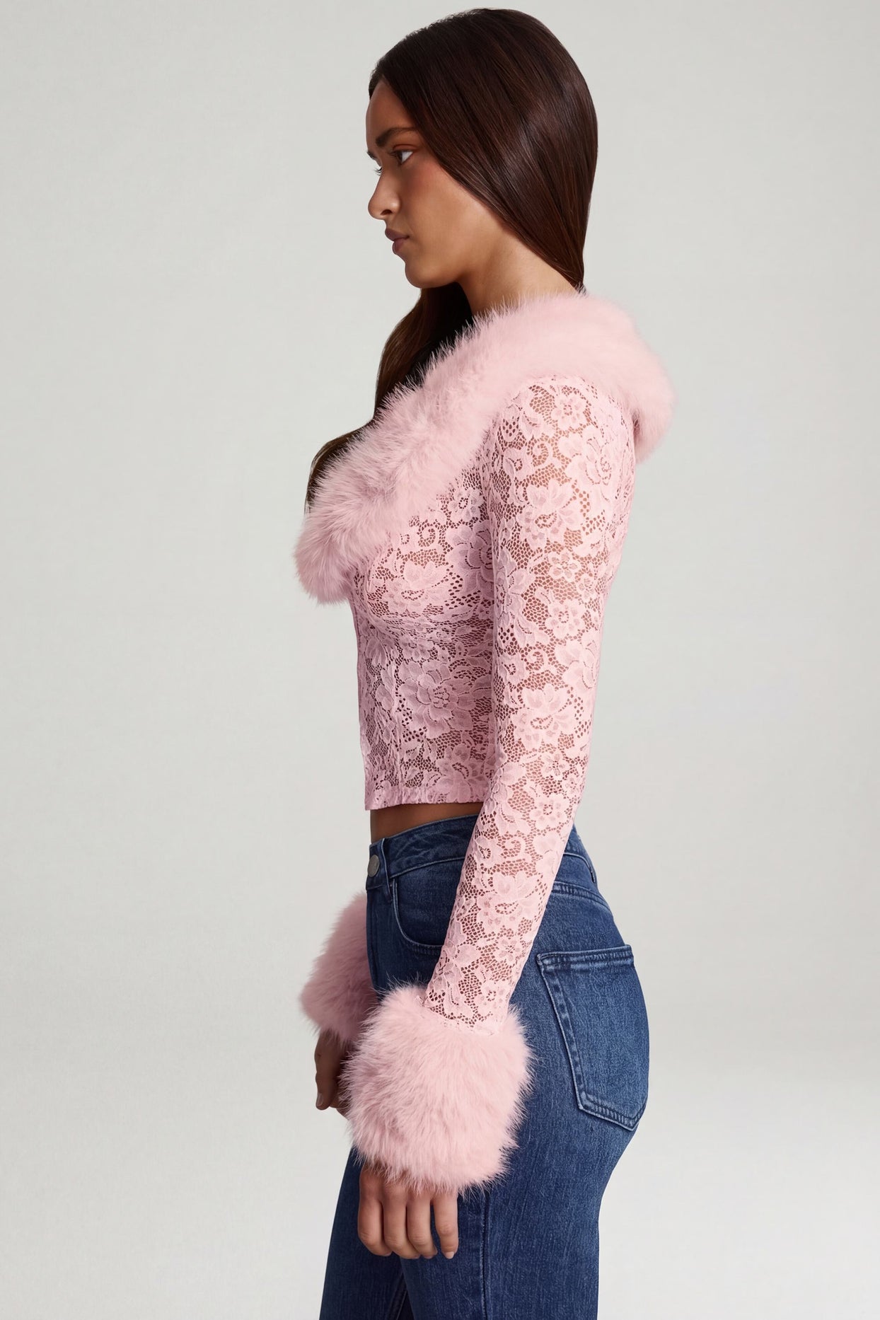 Sheer Lace Faux-Fur-Trim Cardigan in Pink - 3