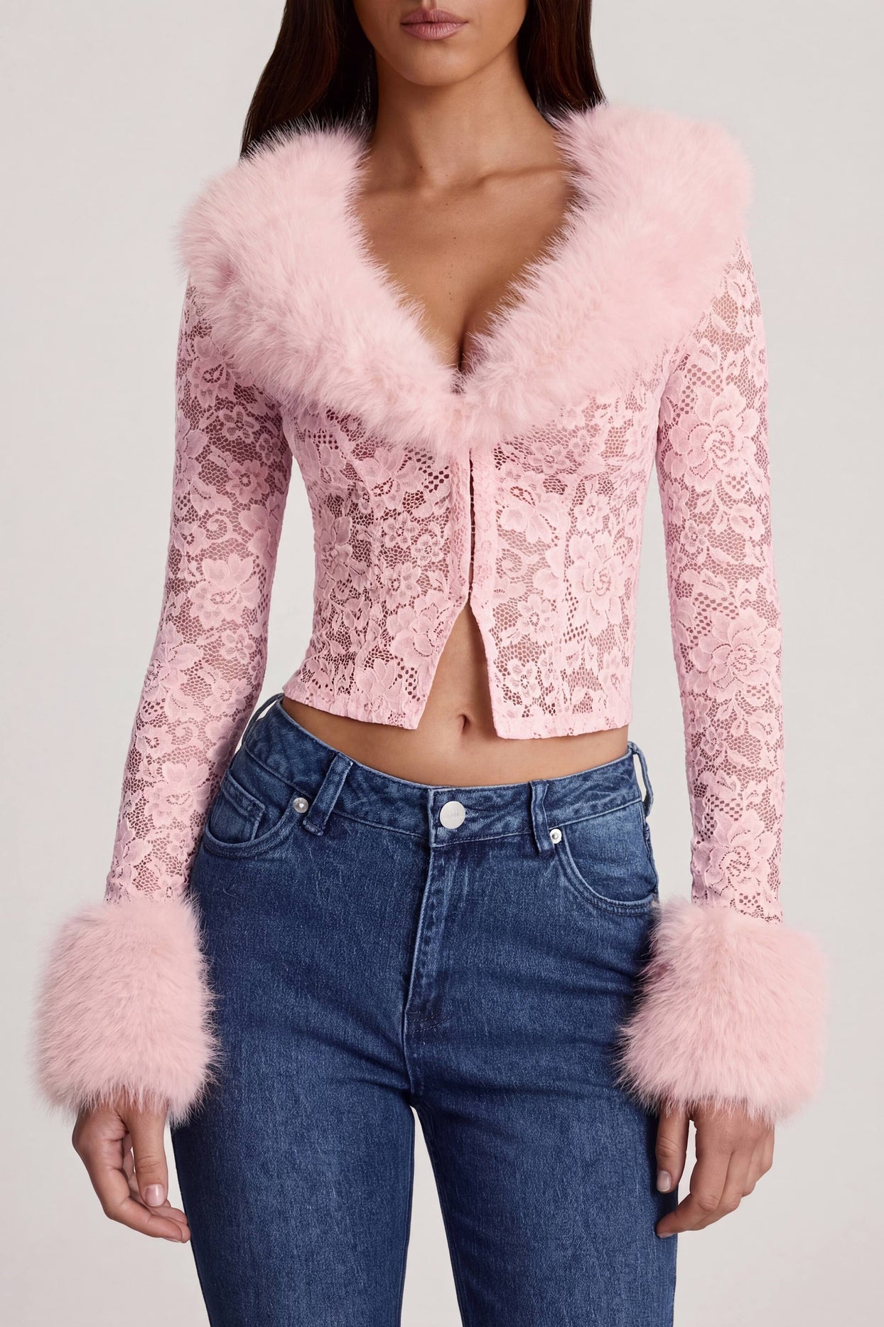 Sheer Lace Faux-Fur-Trim Cardigan in Pink - 4