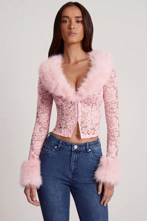 Oh Polly's Roberta wearing the Noemy Cardigan in Pink Stretch Lace, Faux Fur fabric perfect for holiday parties