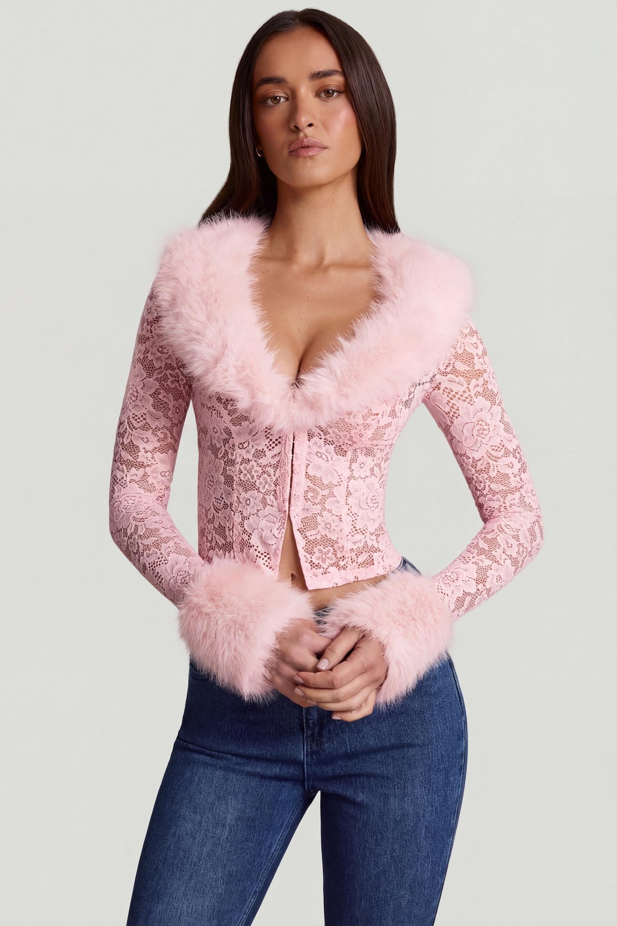 Sheer Lace Faux-Fur-Trim Cardigan in Pink - 5