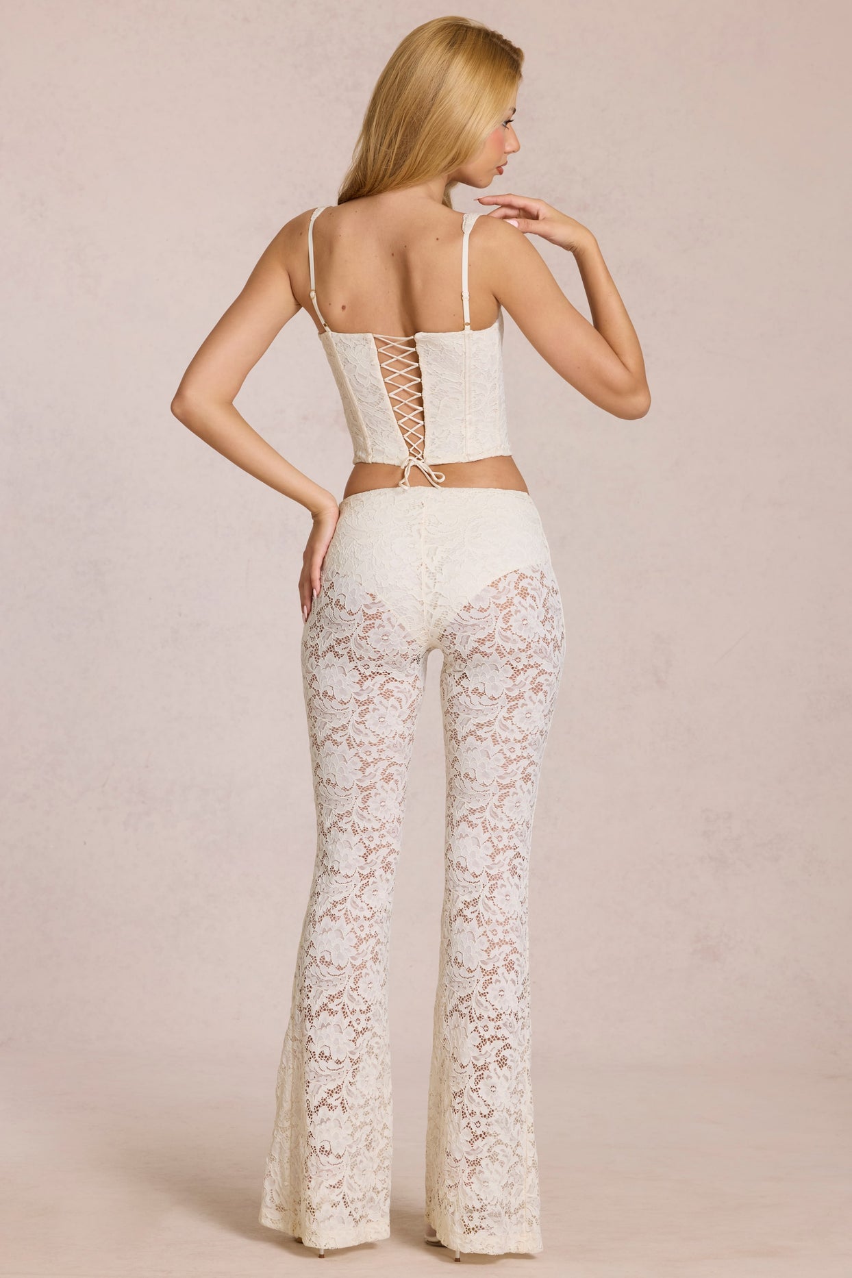 Sheer Lace Mid-Rise Flared Trousers in Pearl - 2