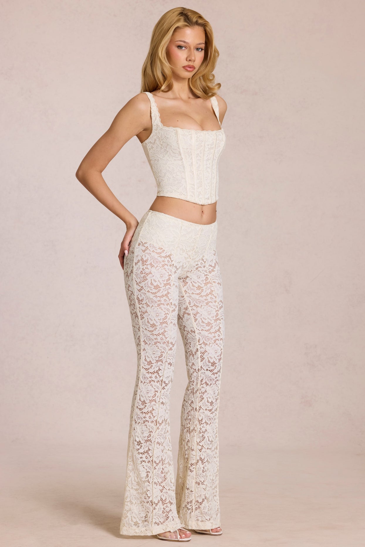 Sheer Lace Mid-Rise Flared Trousers in Pearl - 7