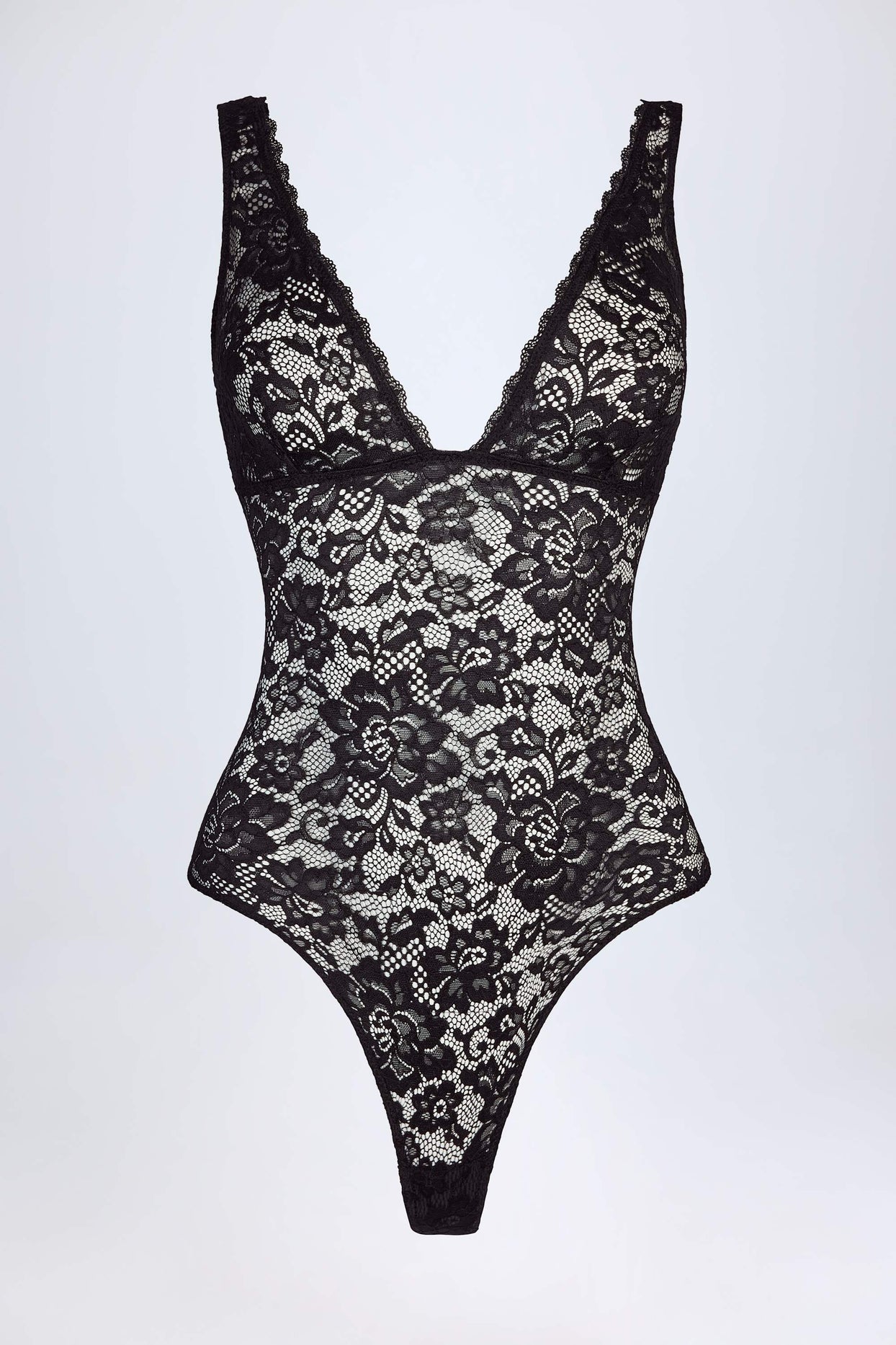 Sheer Lace Scalloped Plunge-Neck Bodysuit in Black - 5