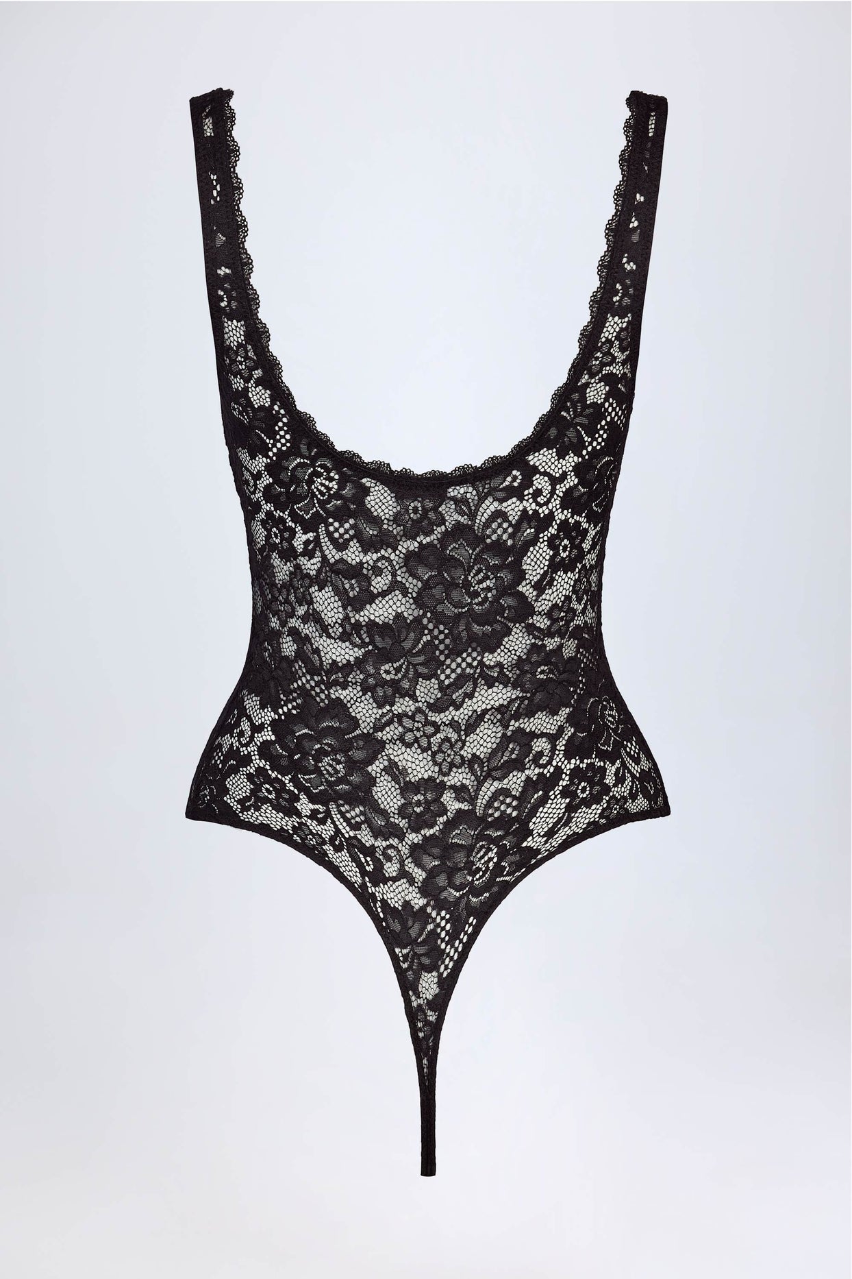 Sheer Lace Scalloped Plunge-Neck Bodysuit in Black - 6