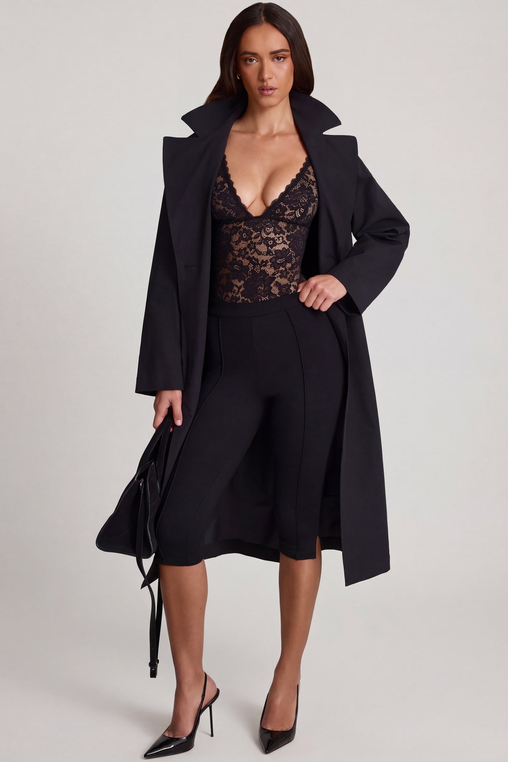 Sheer Lace Scalloped Plunge-Neck Bodysuit in Black - 1