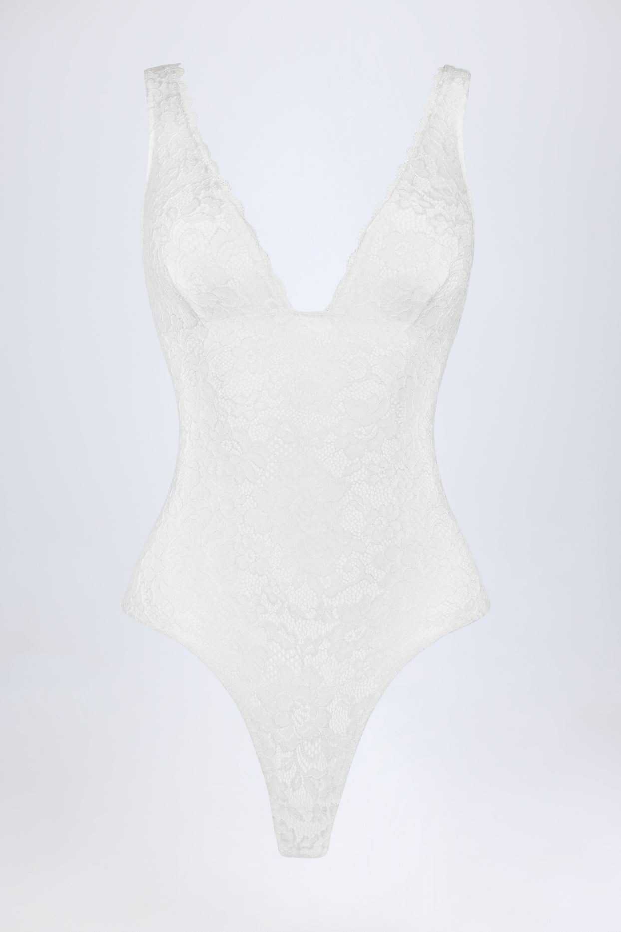 Sheer Lace Scalloped Plunge-Neck Bodysuit in White - 7