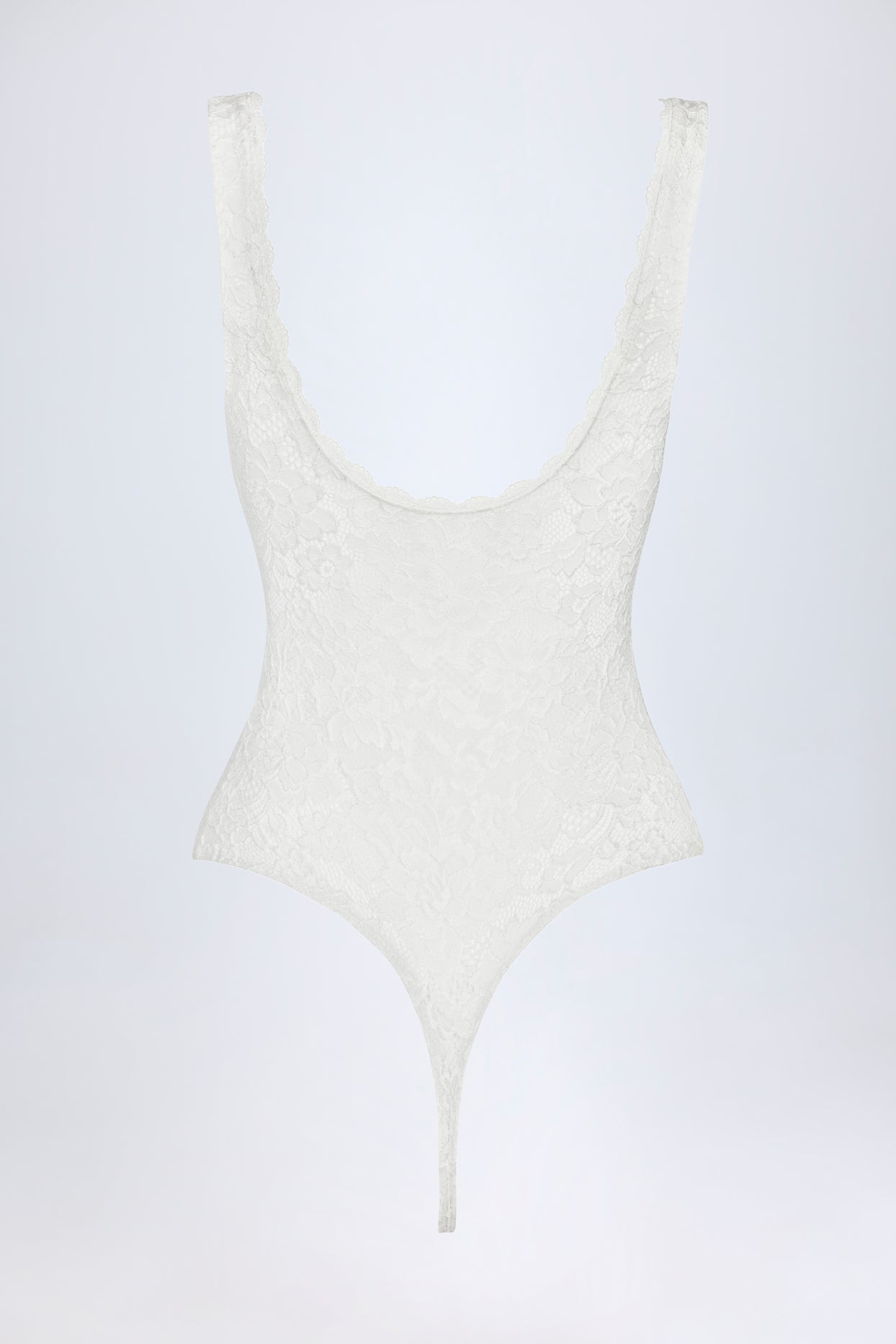 Sheer Lace Scalloped Plunge-Neck Bodysuit in White - 8